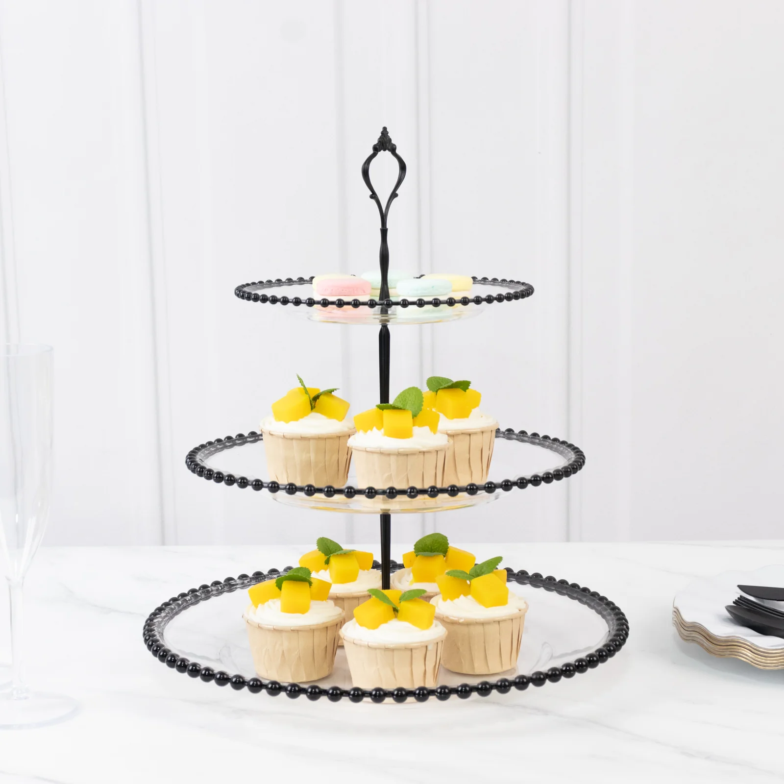 14" Clear 3-Tier Plastic Dessert Display Stand With Black Beaded Rim, Round Cupcake Tower Tea Party Serving Platter With Top Handle