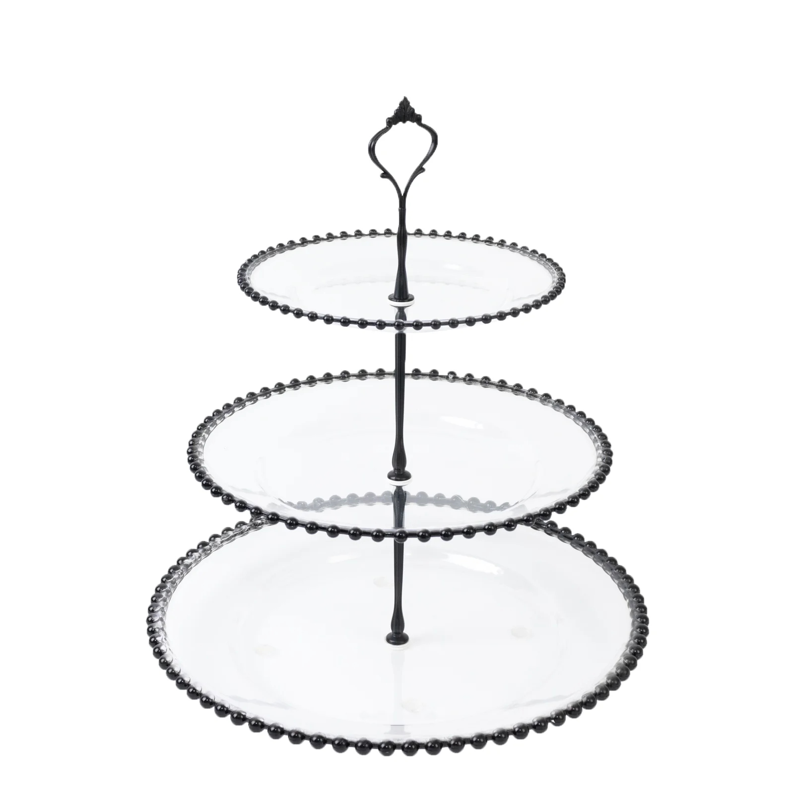 14" Clear 3-Tier Plastic Dessert Display Stand With Black Beaded Rim, Round Cupcake Tower Tea Party Serving Platter With Top Handle - Image 2