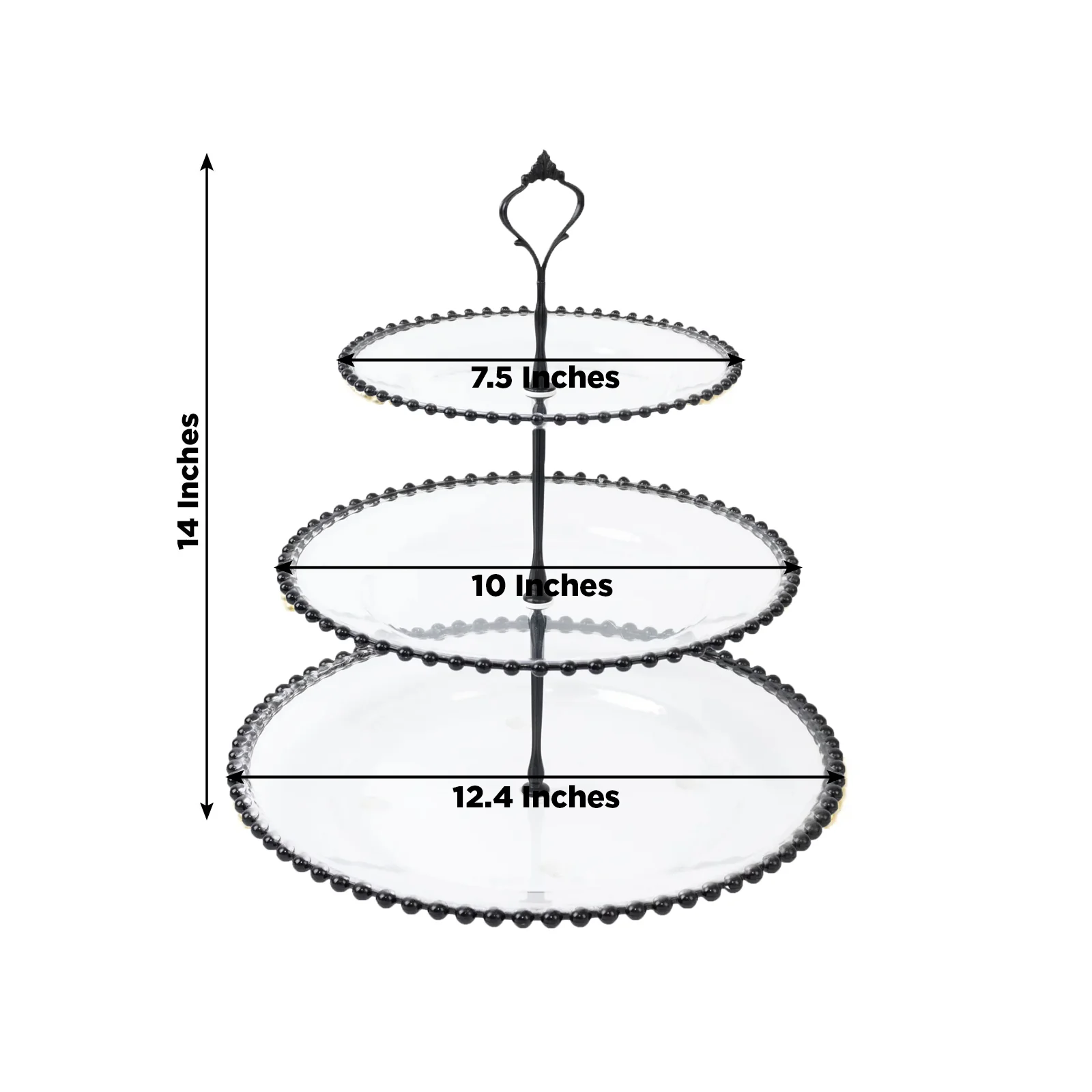 14" Clear 3-Tier Plastic Dessert Display Stand With Black Beaded Rim, Round Cupcake Tower Tea Party Serving Platter With Top Handle - Image 3