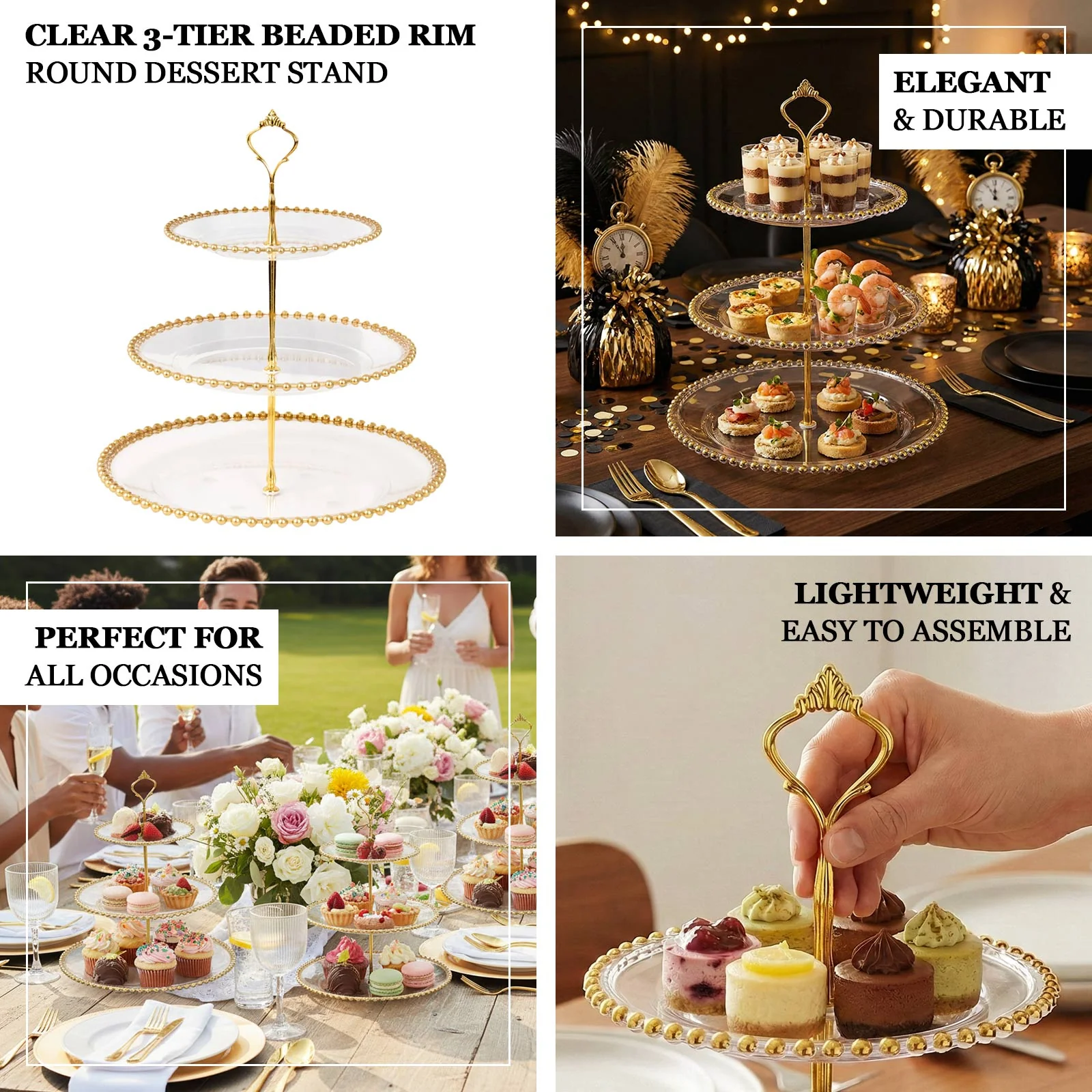 14" Clear 3-Tier Plastic Dessert Display Stand With Black Beaded Rim, Round Cupcake Tower Tea Party Serving Platter With Top Handle - Image 4