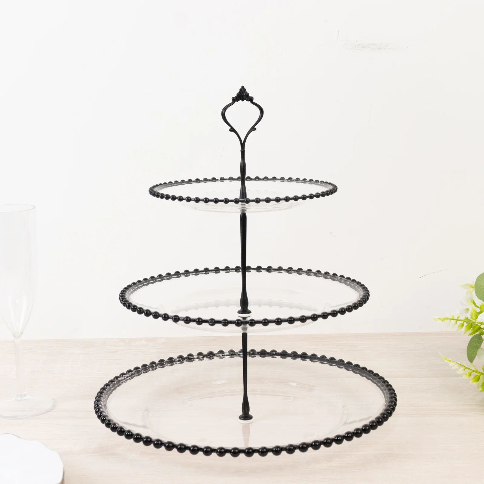 14" Clear 3-Tier Plastic Dessert Display Stand With Black Beaded Rim, Round Cupcake Tower Tea Party Serving Platter With Top Handle - Image 6
