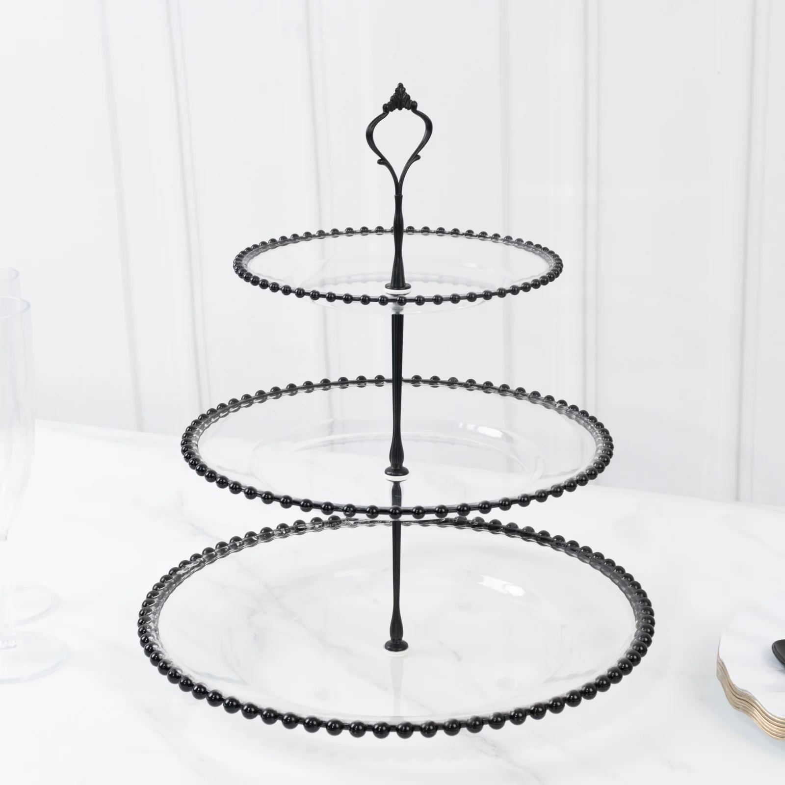 14" Clear 3-Tier Plastic Dessert Display Stand With Black Beaded Rim, Round Cupcake Tower Tea Party Serving Platter With Top Handle - Image 8