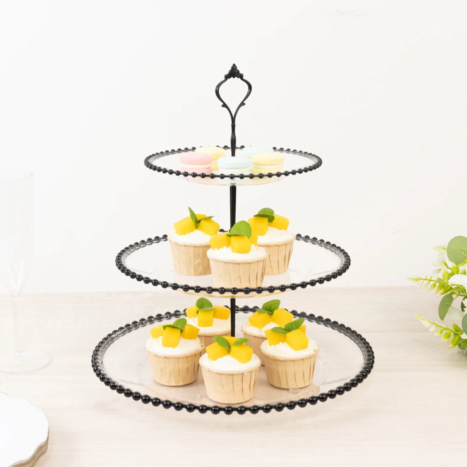 14" Clear 3-Tier Plastic Dessert Display Stand With Black Beaded Rim, Round Cupcake Tower Tea Party Serving Platter With Top Handle - Image 9