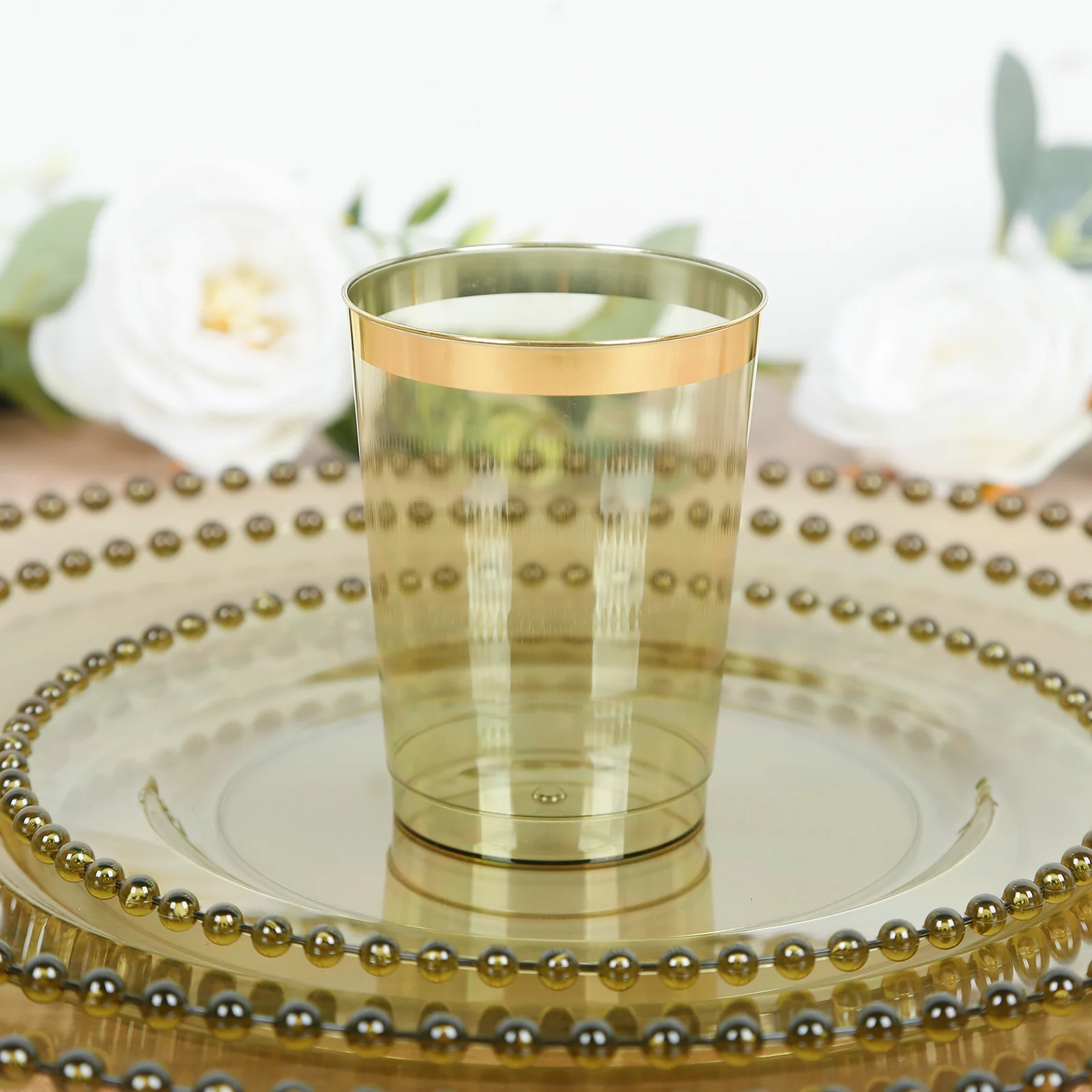 25-Pack Plastic Tumbler Cups Transparent Dusty Sage Green with Gold Rim - Stylish Disposable Party Glasses 10oz - Image 7