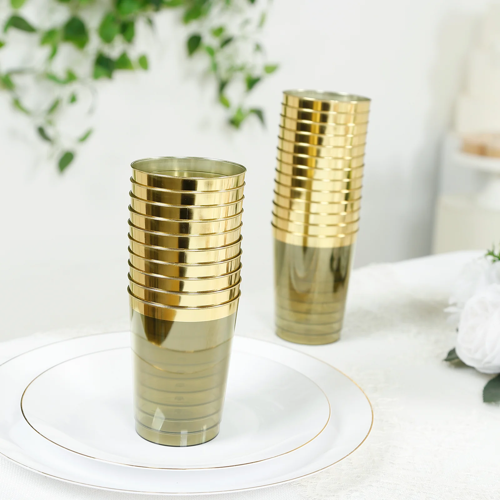 25-Pack Plastic Tumbler Cups Transparent Dusty Sage Green with Gold Rim - Stylish Disposable Party Glasses 10oz - Image 8