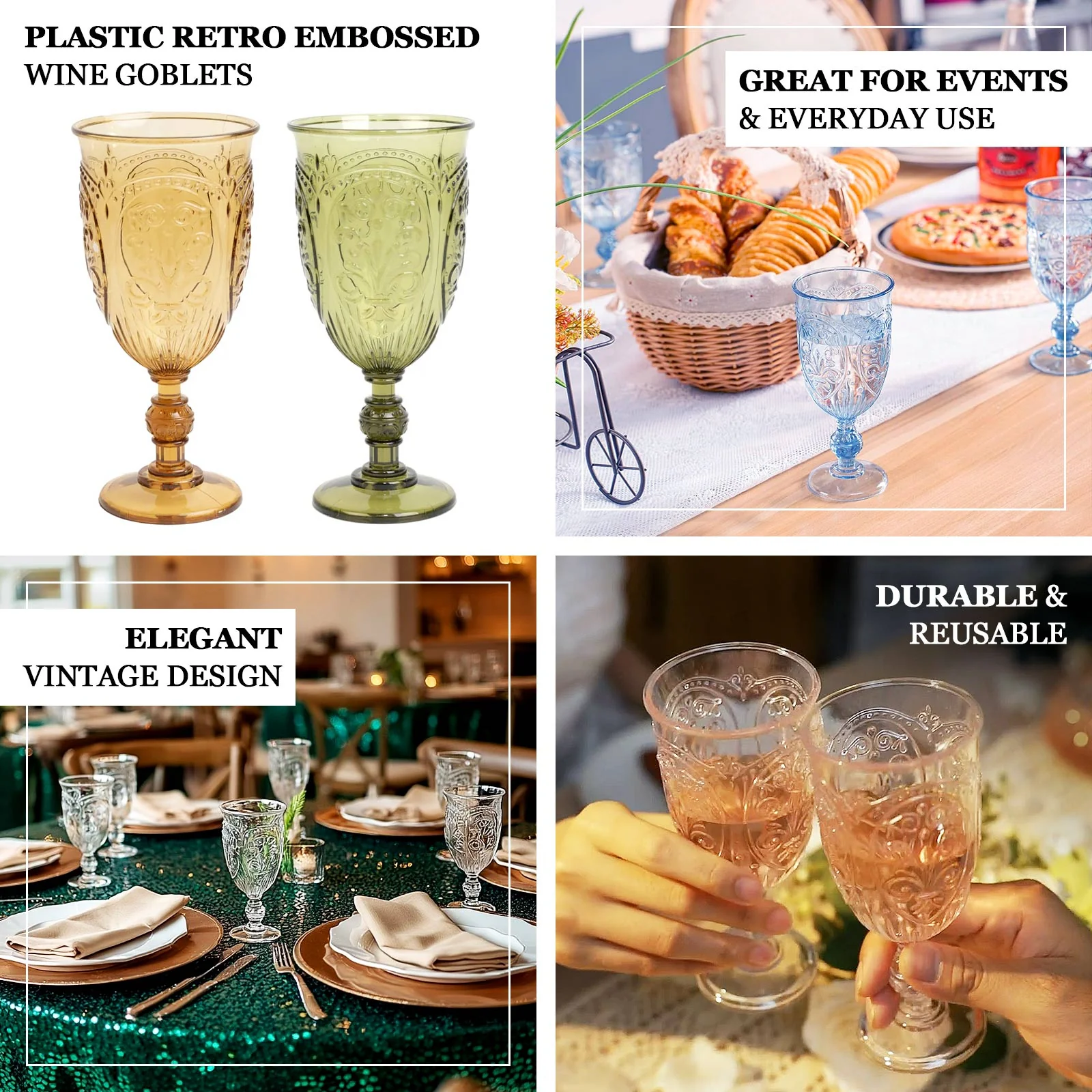 24-Pack Plastic Wine Glasses 10oz – Pearl White Vintage Goblets with Retro Embossed Design, Elegant Drinkware - 7" Tall - Image 4