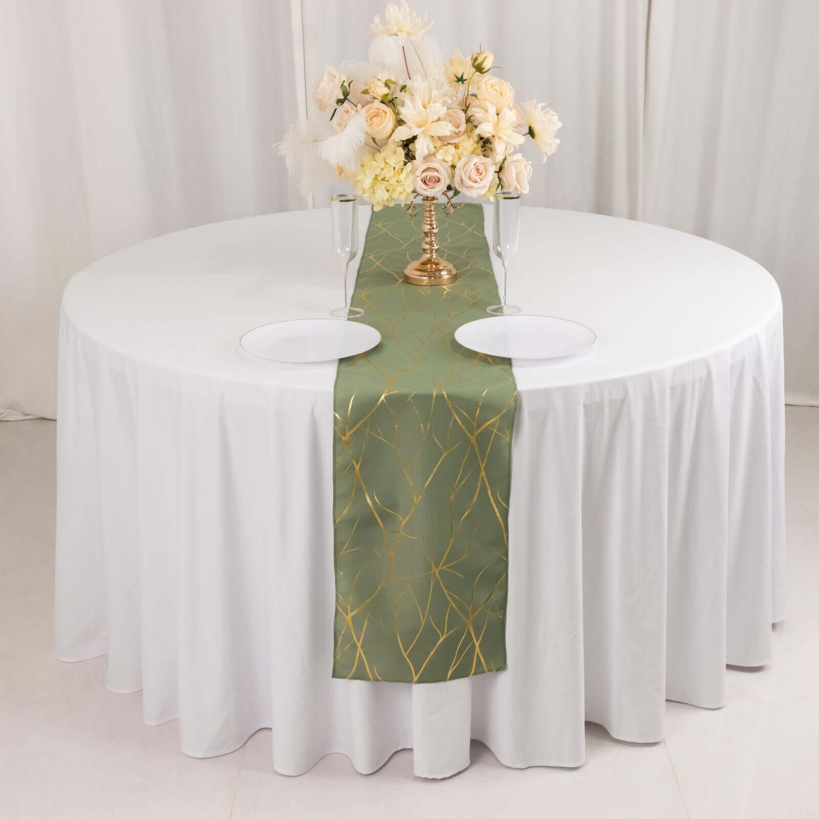 Polyester 9ft Table Runner Dusty Sage Green with Gold Foil Tree Branch Pattern - Stylish Table Linen - Image 4