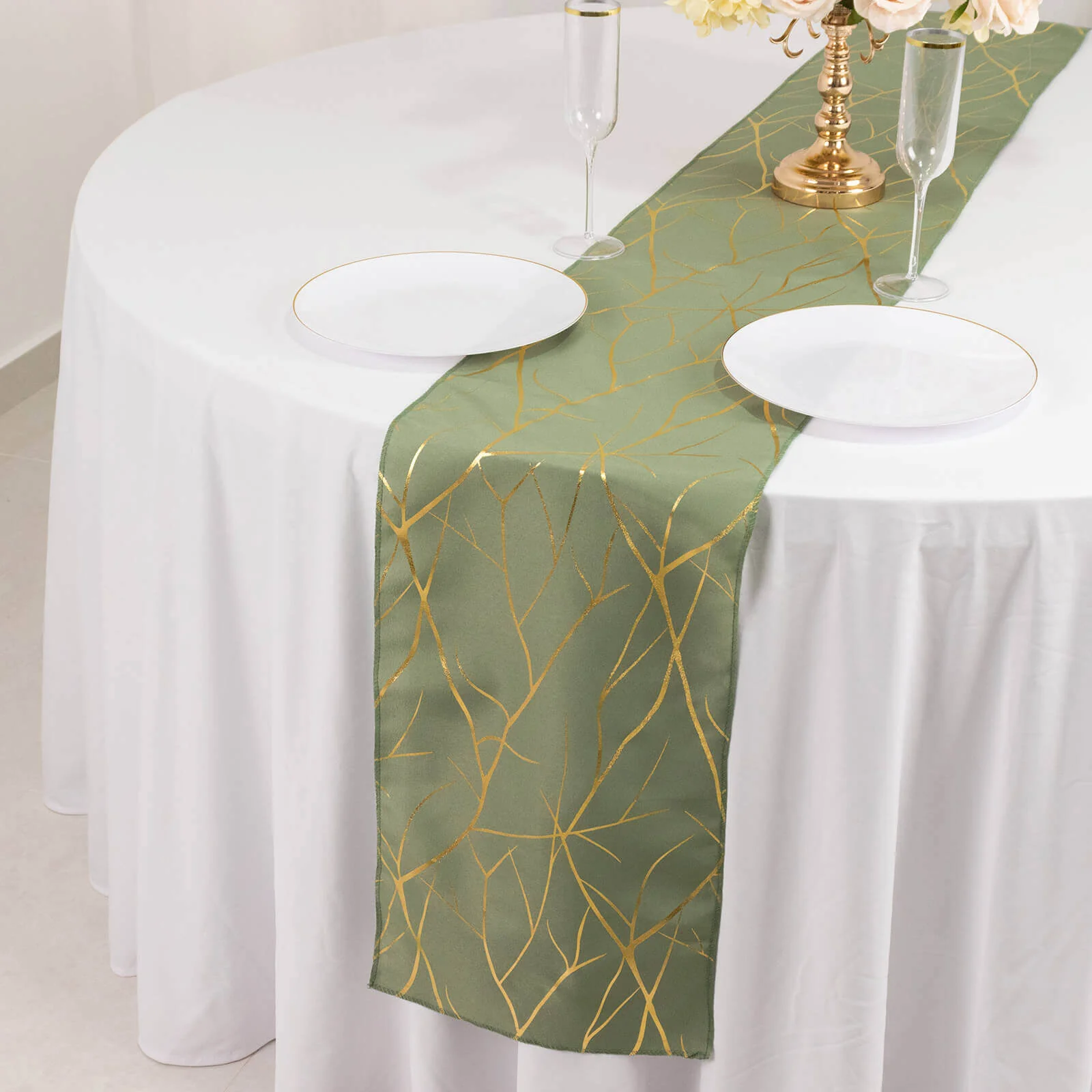 Polyester 9ft Table Runner Dusty Sage Green with Gold Foil Tree Branch Pattern - Stylish Table Linen - Image 5