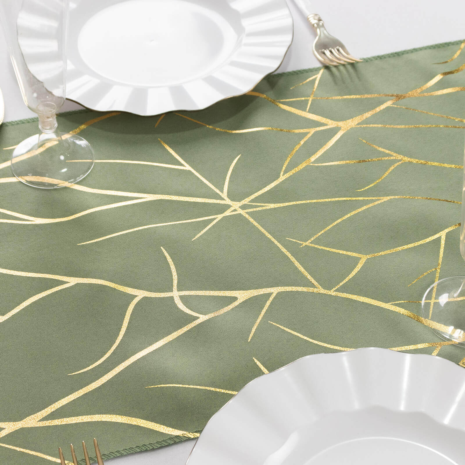 Polyester 9ft Table Runner Dusty Sage Green with Gold Foil Tree Branch Pattern - Stylish Table Linen - Image 6