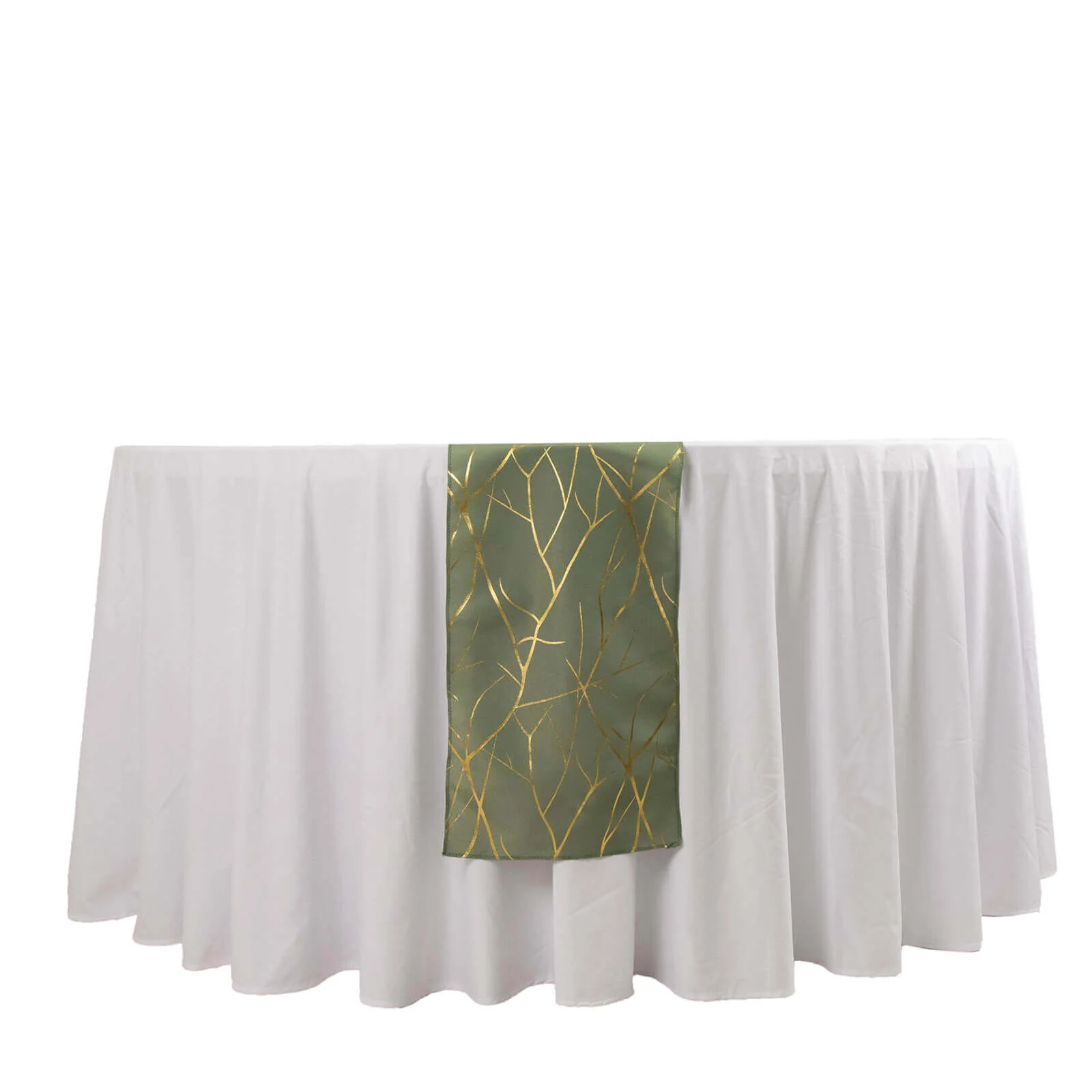 Polyester 9ft Table Runner Dusty Sage Green with Gold Foil Tree Branch Pattern - Stylish Table Linen - Image 7