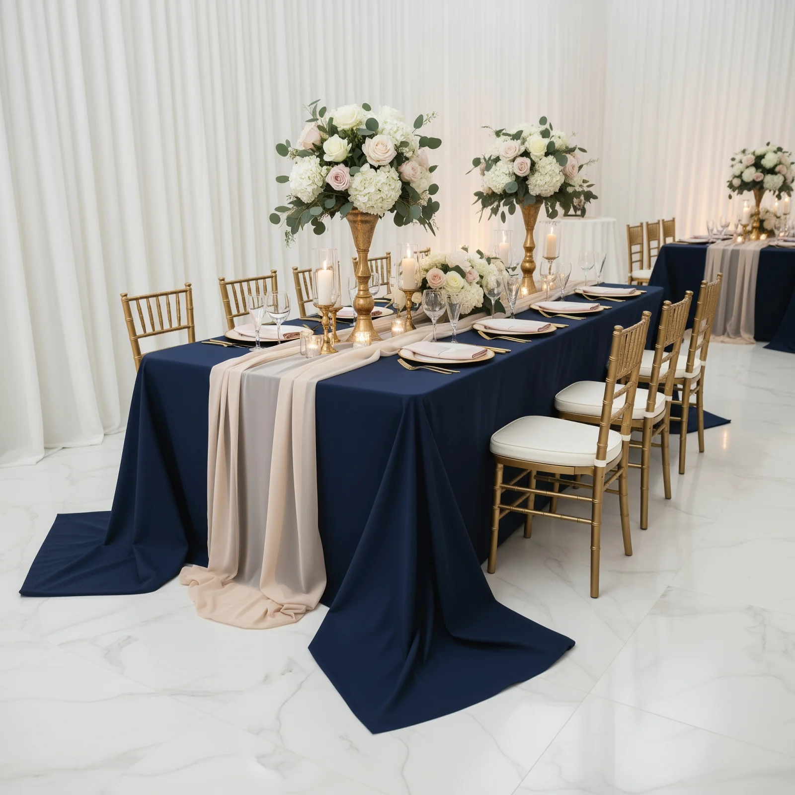 Navy Blue Polyester Rectangular King Tablecloth – 108" x 156" Extra-Wide, Wrinkle-Resistant Banquet Linen for Catering, Events & 8ft Tables - Image 5