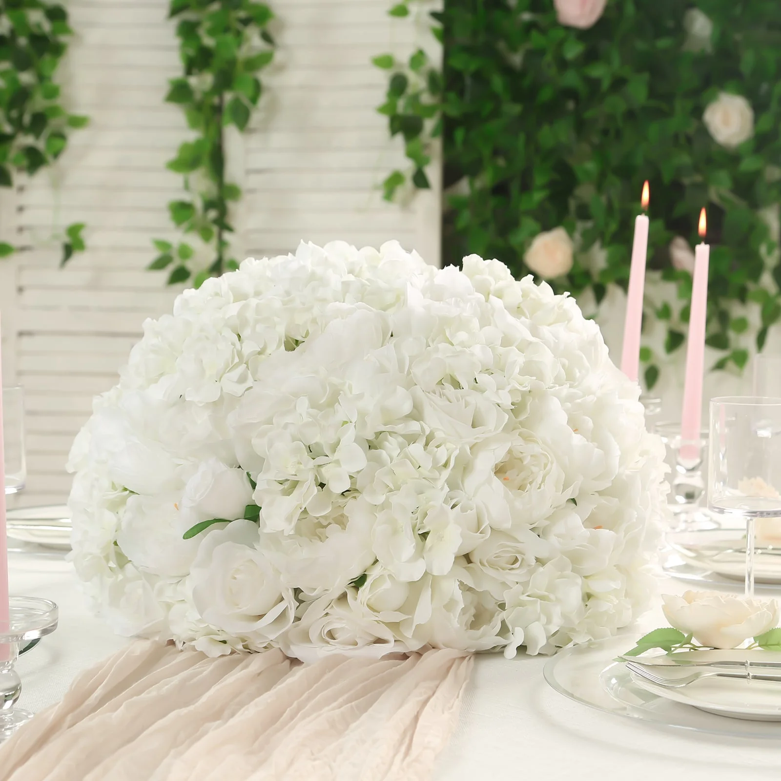 Pre-Arranged Silk Rose Wedding Centerpiece, Ivory Artificial Rose Flower Balls Arrangement Table Decor - 20" - Image 2