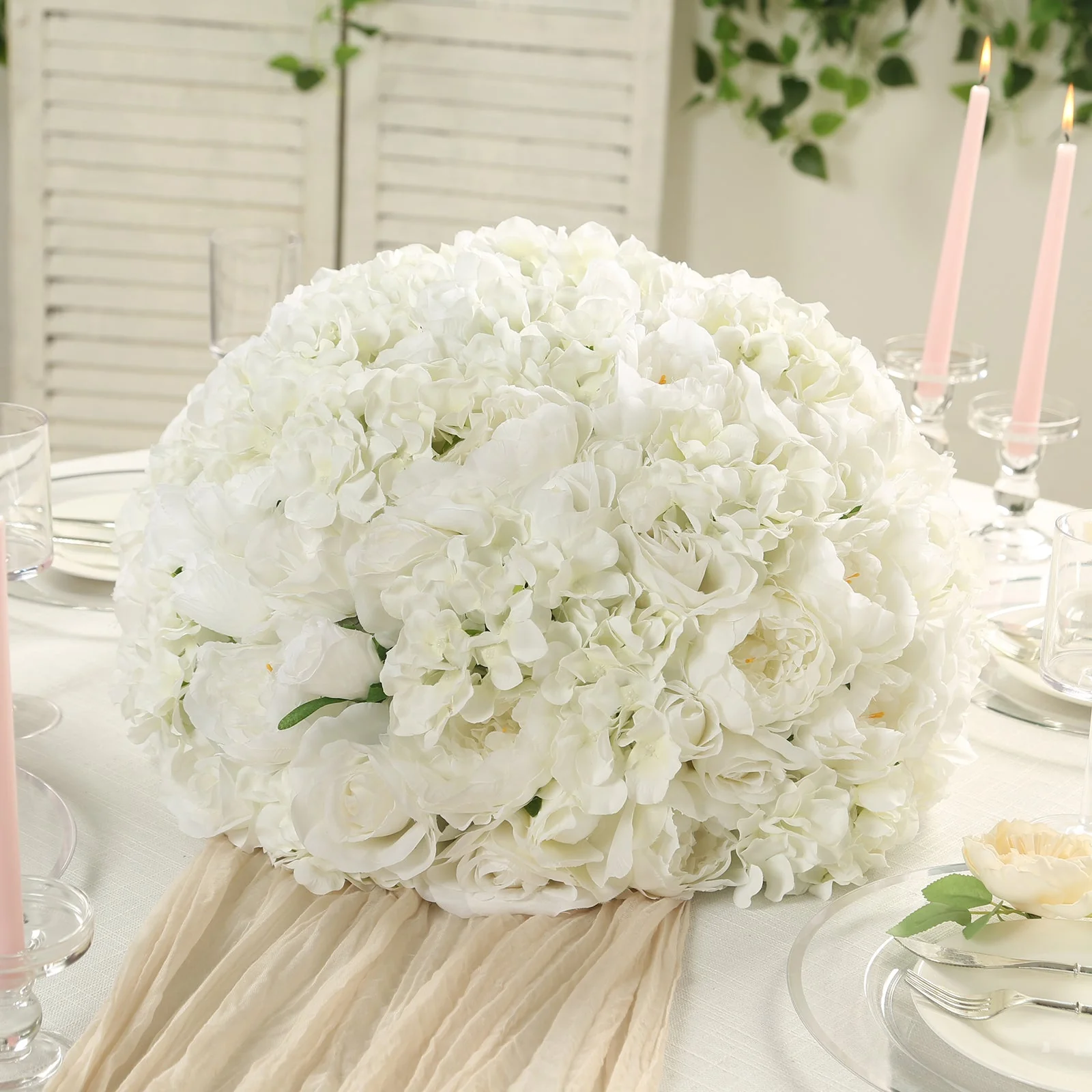 Pre-Arranged Silk Rose Wedding Centerpiece, Ivory Artificial Rose Flower Balls Arrangement Table Decor - 20" - Image 7