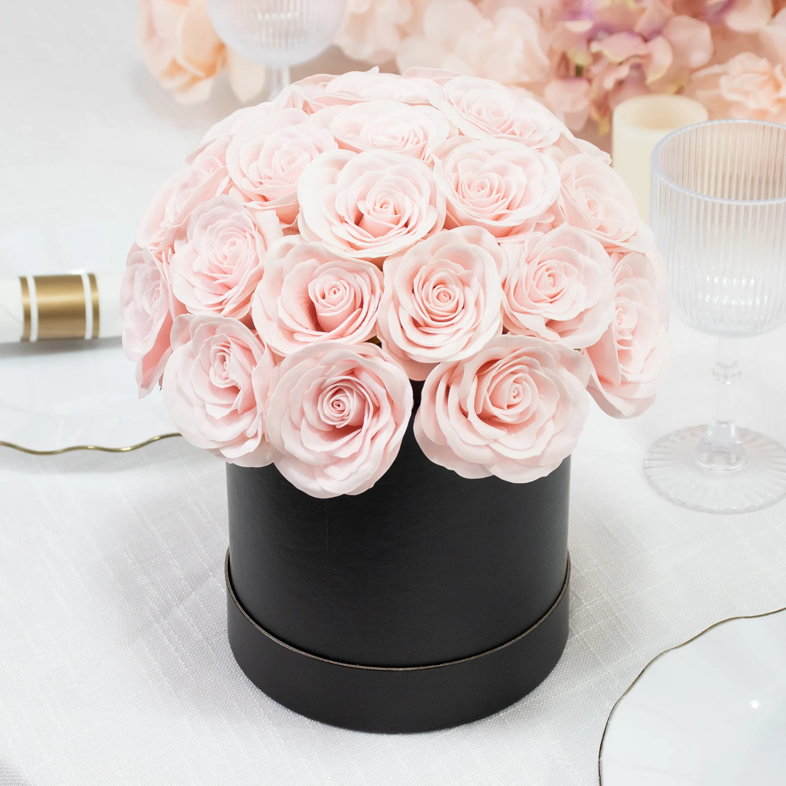 Blush Prearranged Rose Centerpiece Arrangement, 27pcs Roses with Black Round Gift Box - Image 6