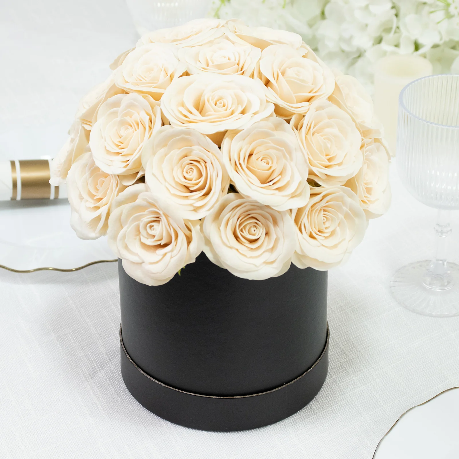 Ivory  Prearranged Rose Centerpiece Arrangement, 27pcs Roses with Black Round Gift Box - Image 6