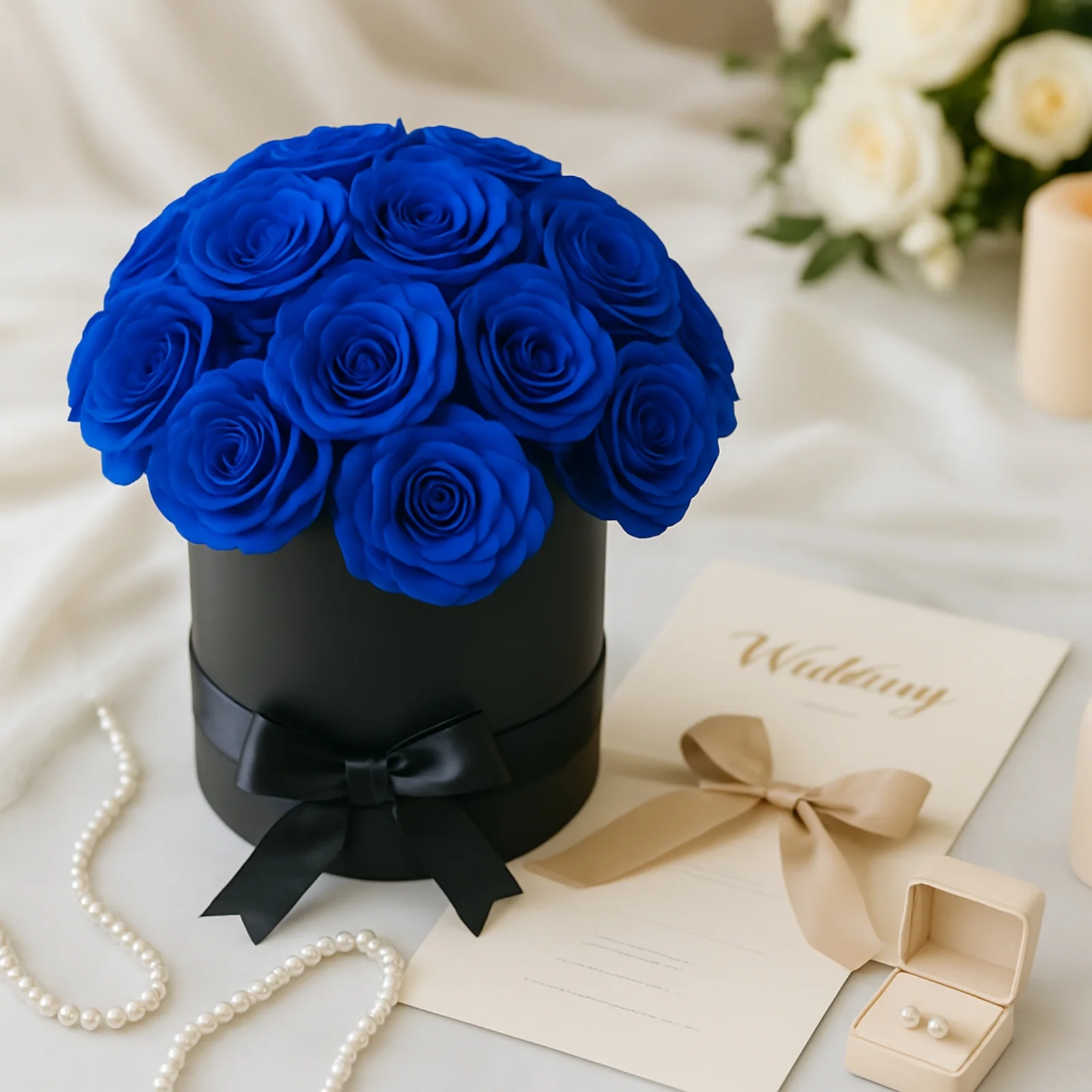 Royal Blue Prearranged Rose Centerpiece Arrangement, 27pcs Roses with Black Round Gift Box - Image 6