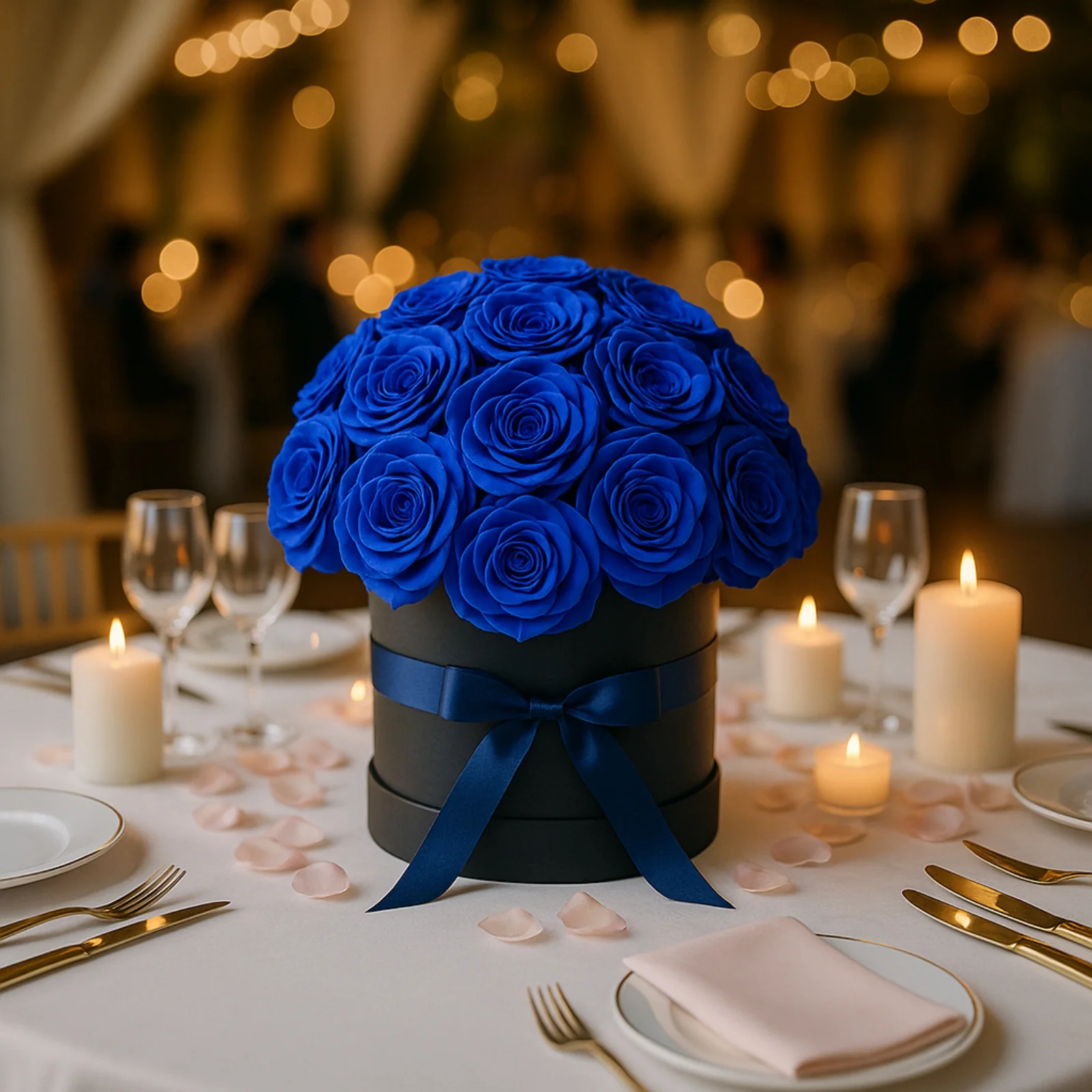 Royal Blue Prearranged Rose Centerpiece Arrangement, 27pcs Roses with Black Round Gift Box - Image 7
