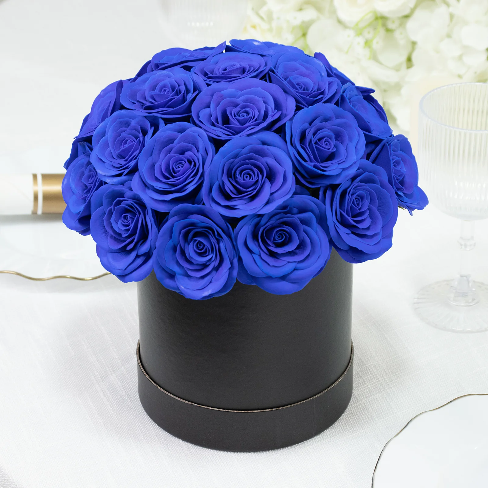 Royal Blue Prearranged Rose Centerpiece Arrangement, 27pcs Roses with Black Round Gift Box - Image 8