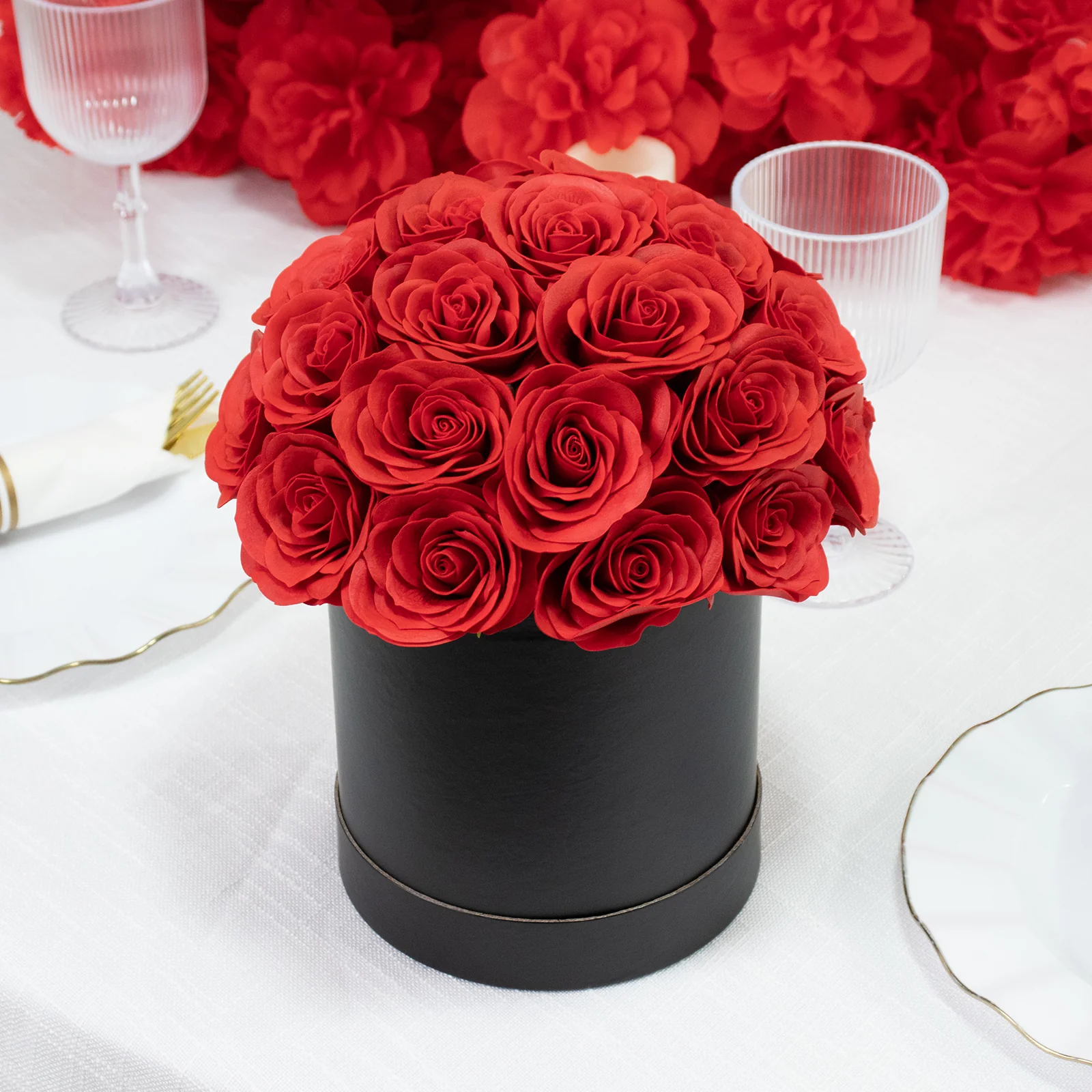 Red Prearranged Rose Centerpiece Arrangement, 27pcs Roses with Black Round Gift Box - Image 6