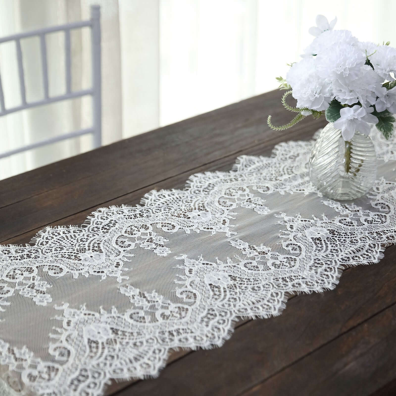 Premium Lace Fabric 15"x117" Table Runner Ivory - Scalloped Lace Elegance - Image 2
