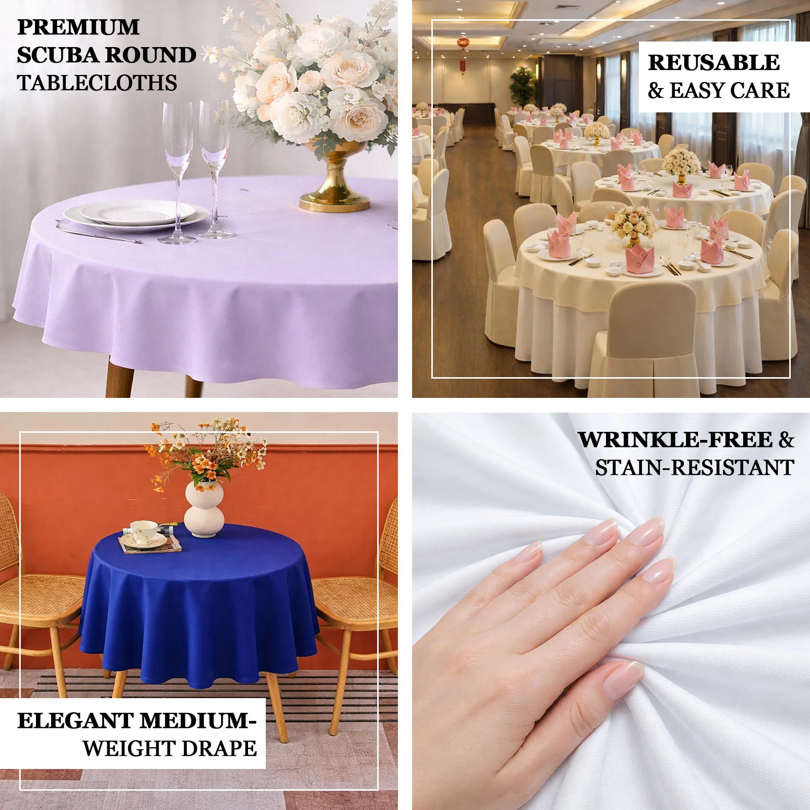 Scuba Round 70" Tablecloth White - Wrinkle Free & Stain Resistant Table Cover for Weddings and Banquets - Image 3