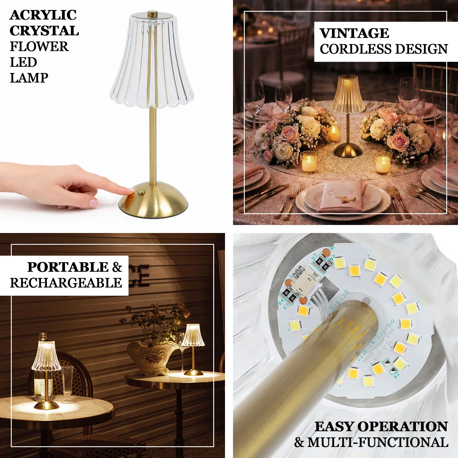 12" Gold Metal LED Table Lamp – Modern Fluted Acrylic Shade, USB Rechargeable Cordless Touch Dimmable, 3 Color Modes - Image 4