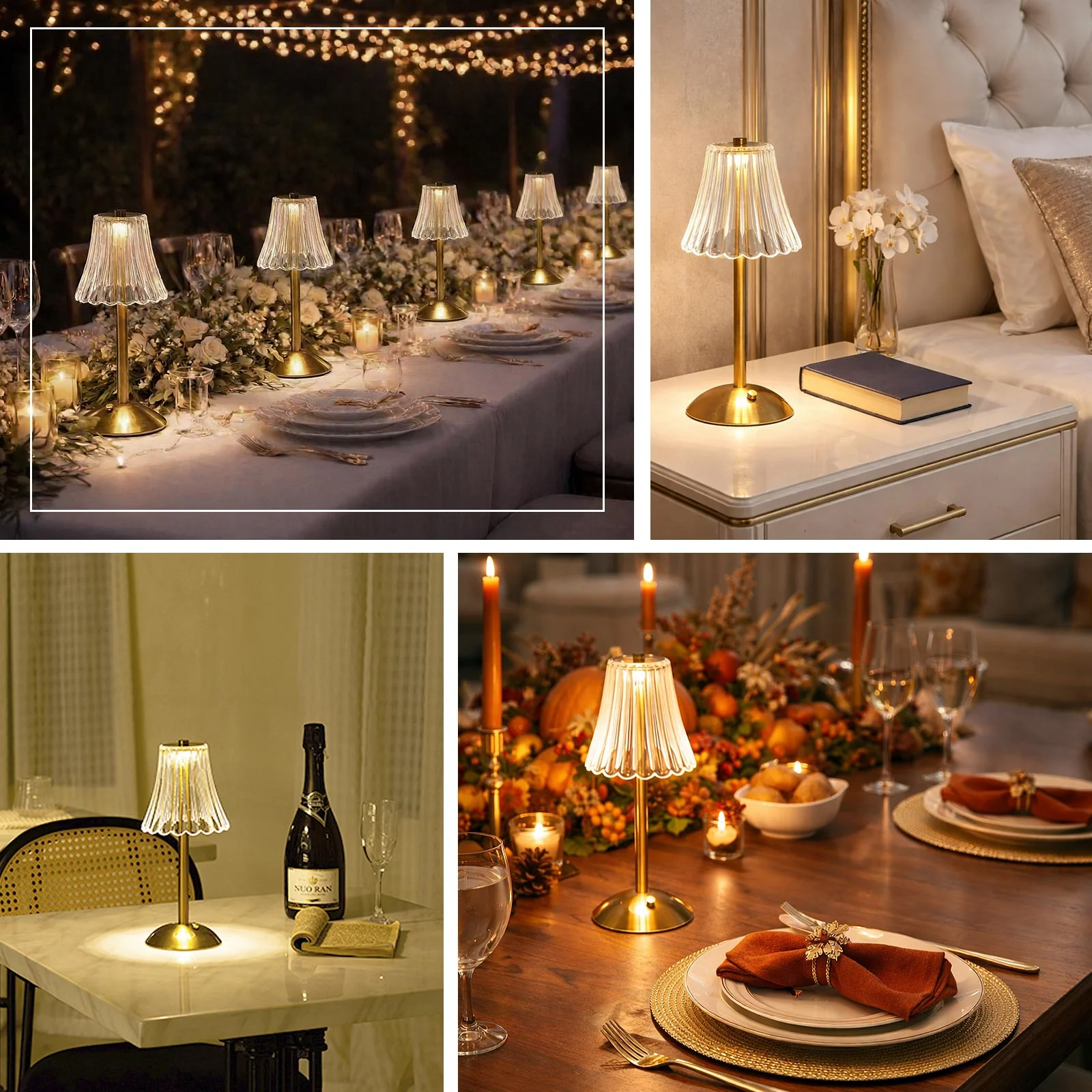 12" Gold Metal LED Table Lamp – Modern Fluted Acrylic Shade, USB Rechargeable Cordless Touch Dimmable, 3 Color Modes - Image 5