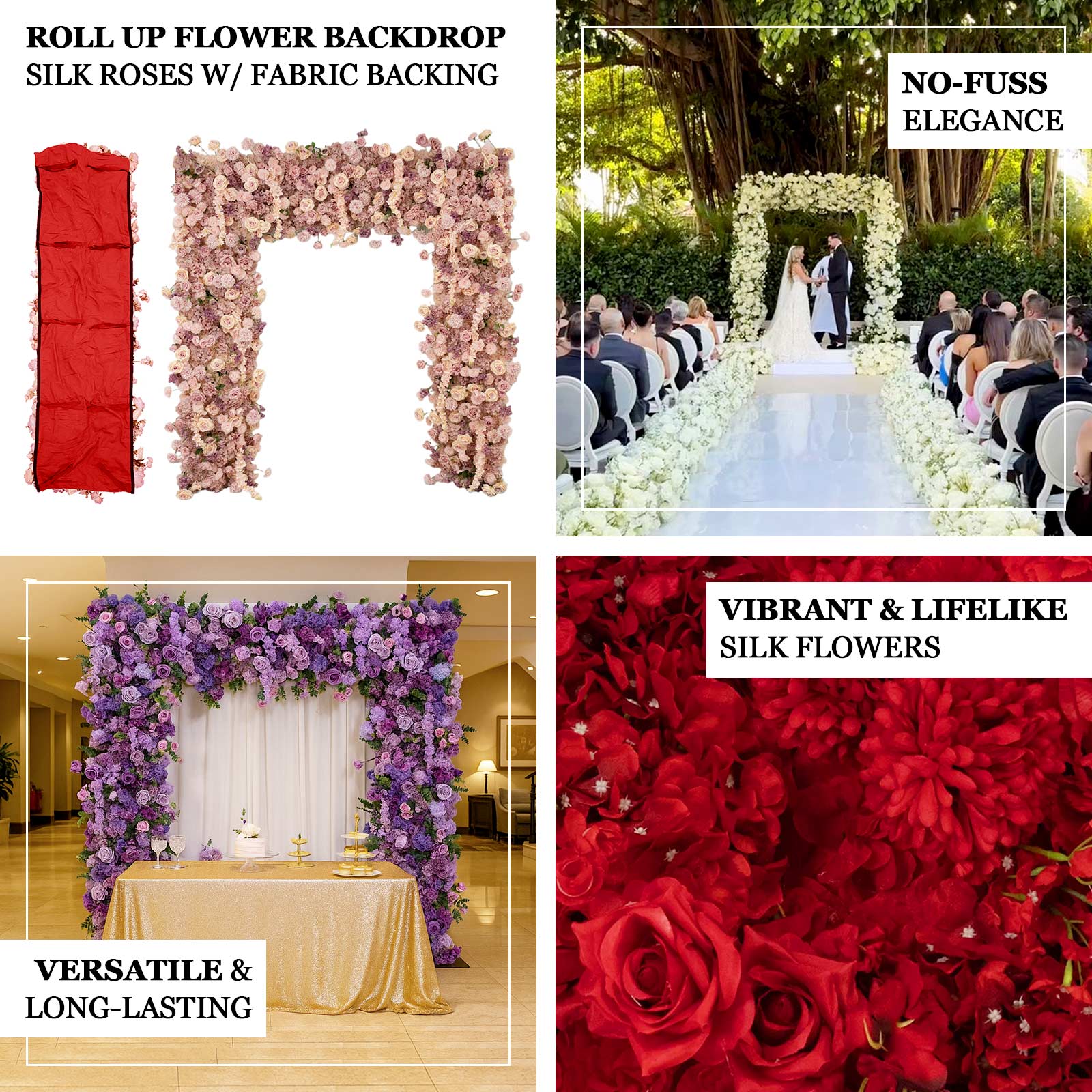 8ftx8ft Roll Up Flower Backdrop for Arch Stand, Red with Fabric Backing - Artificial Silk Roses, Hydrangeas & Chrysanthemums for Weddings - Image 4