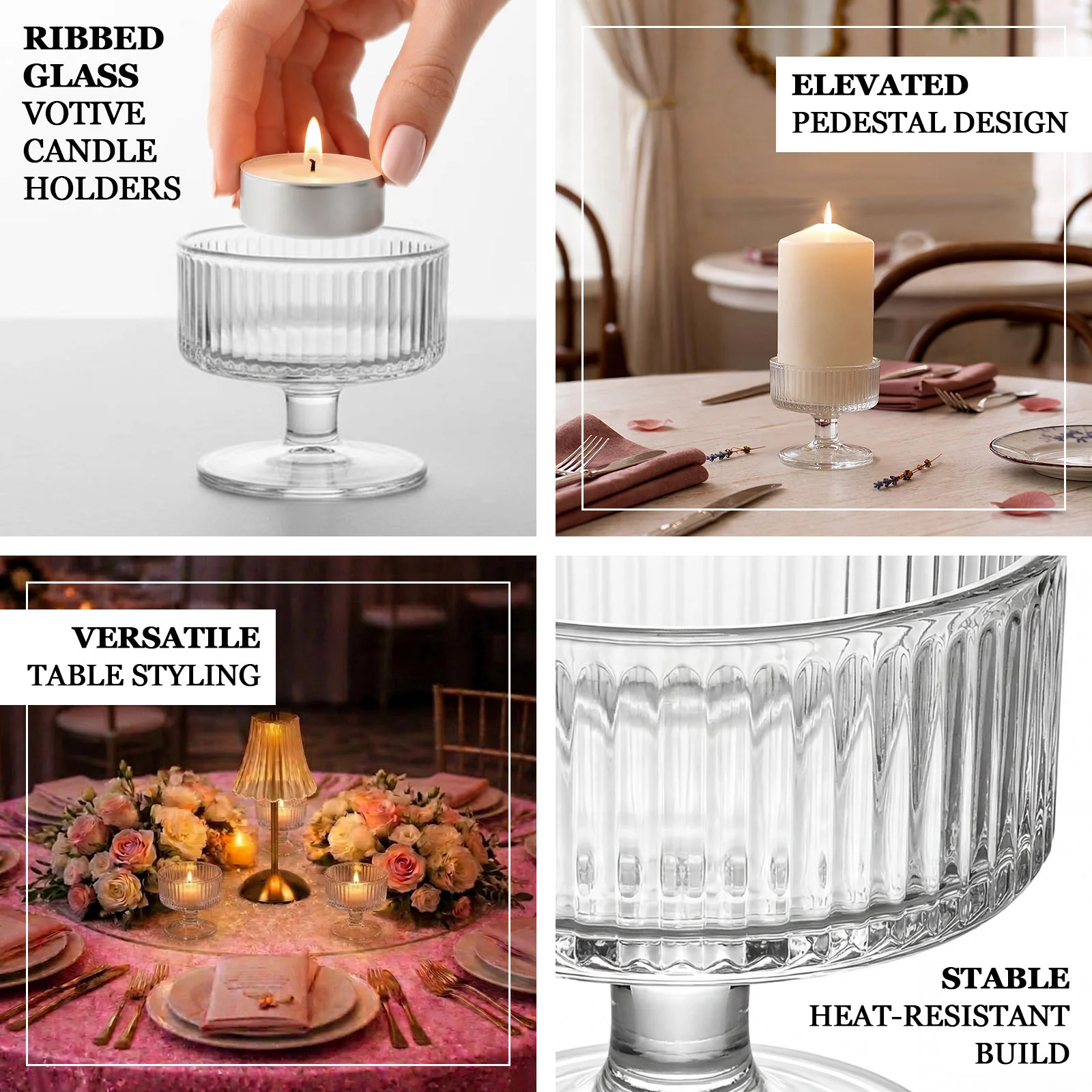 6 Pack 3" Clear Ribbed Glass Candle Holders – Vintage Coupe Pedestal Candle Cups for Floating & LED Candles, Table Centerpieces - Image 4