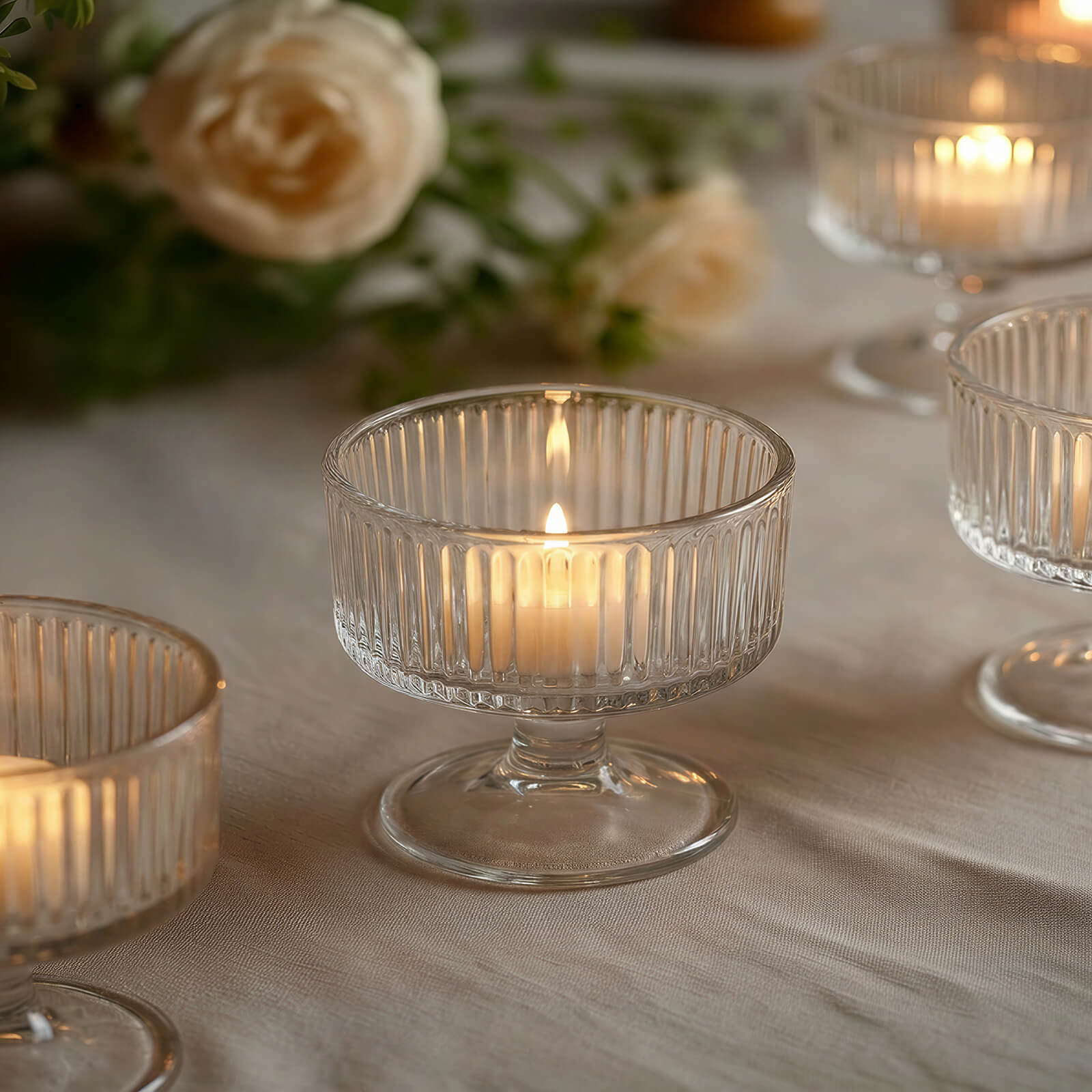 6 Pack 3" Clear Ribbed Glass Candle Holders – Vintage Coupe Pedestal Candle Cups for Floating & LED Candles, Table Centerpieces - Image 5