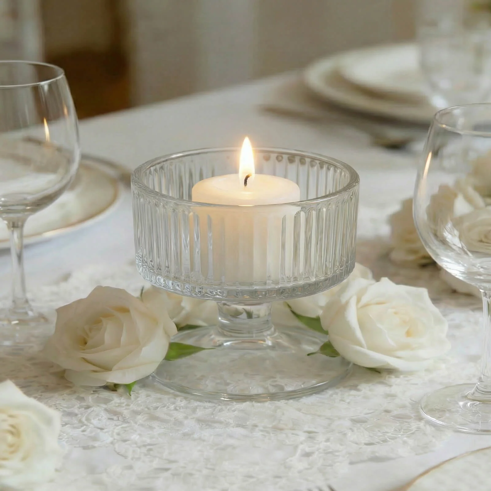 6 Pack 3" Clear Ribbed Glass Candle Holders – Vintage Coupe Pedestal Candle Cups for Floating & LED Candles, Table Centerpieces - Image 8