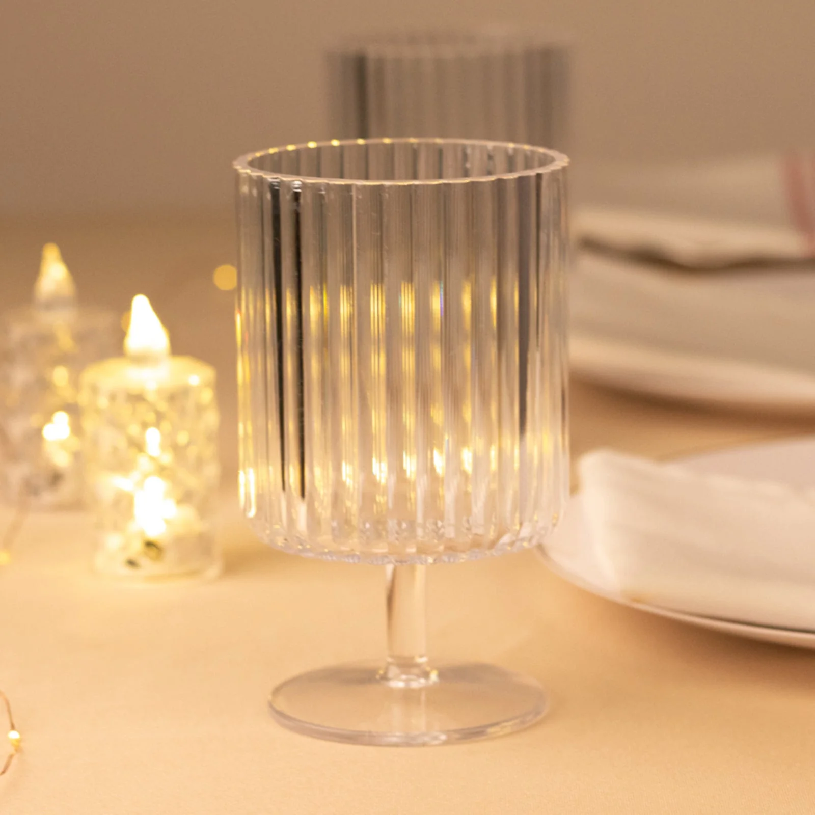 12-Pack Plastic Goblets Clear Vintage Ribbed Pattern Short Stem - Reusable Wine Glasses 12oz - Image 7