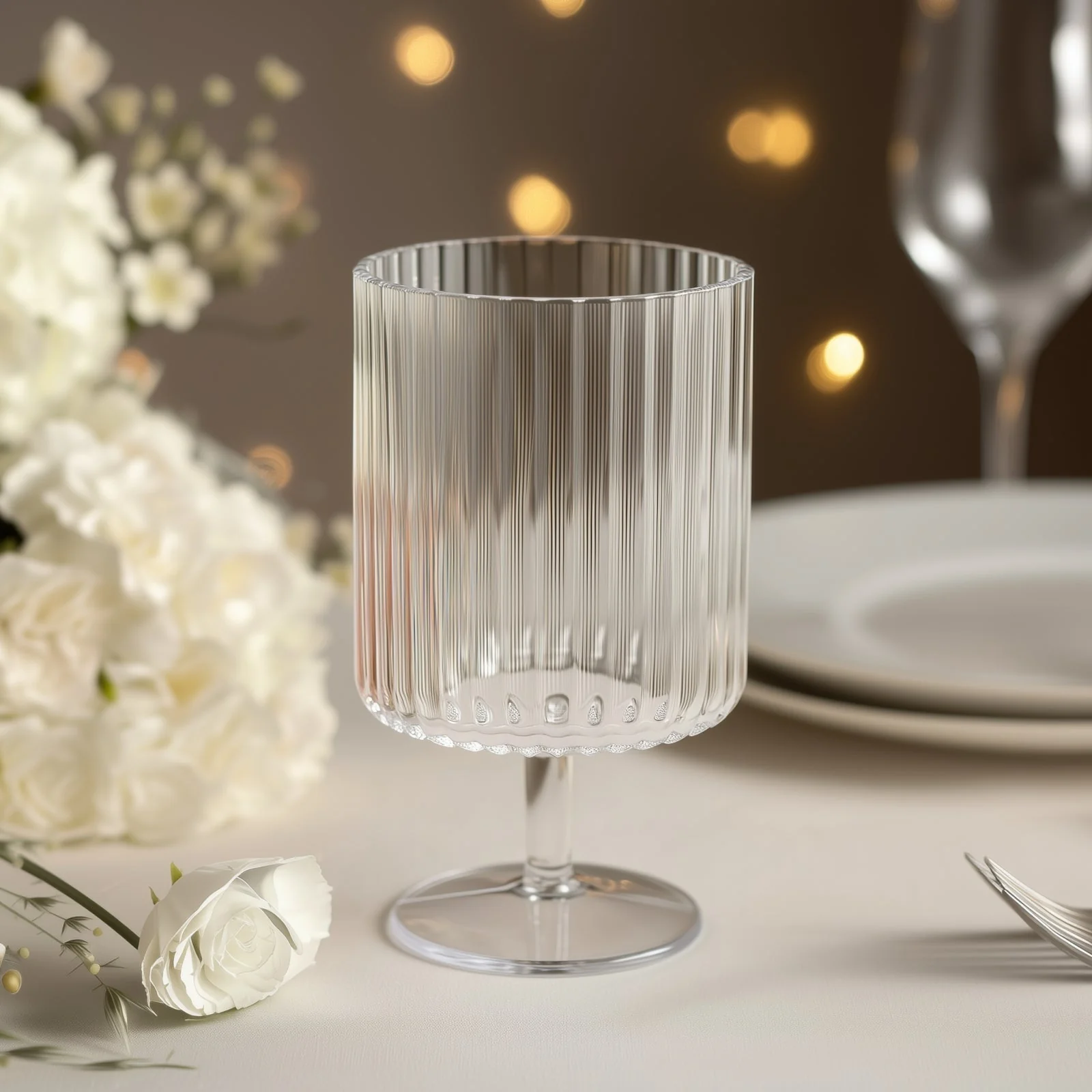 12-Pack Plastic Goblets Clear Vintage Ribbed Pattern Short Stem - Reusable Wine Glasses 12oz - Image 8