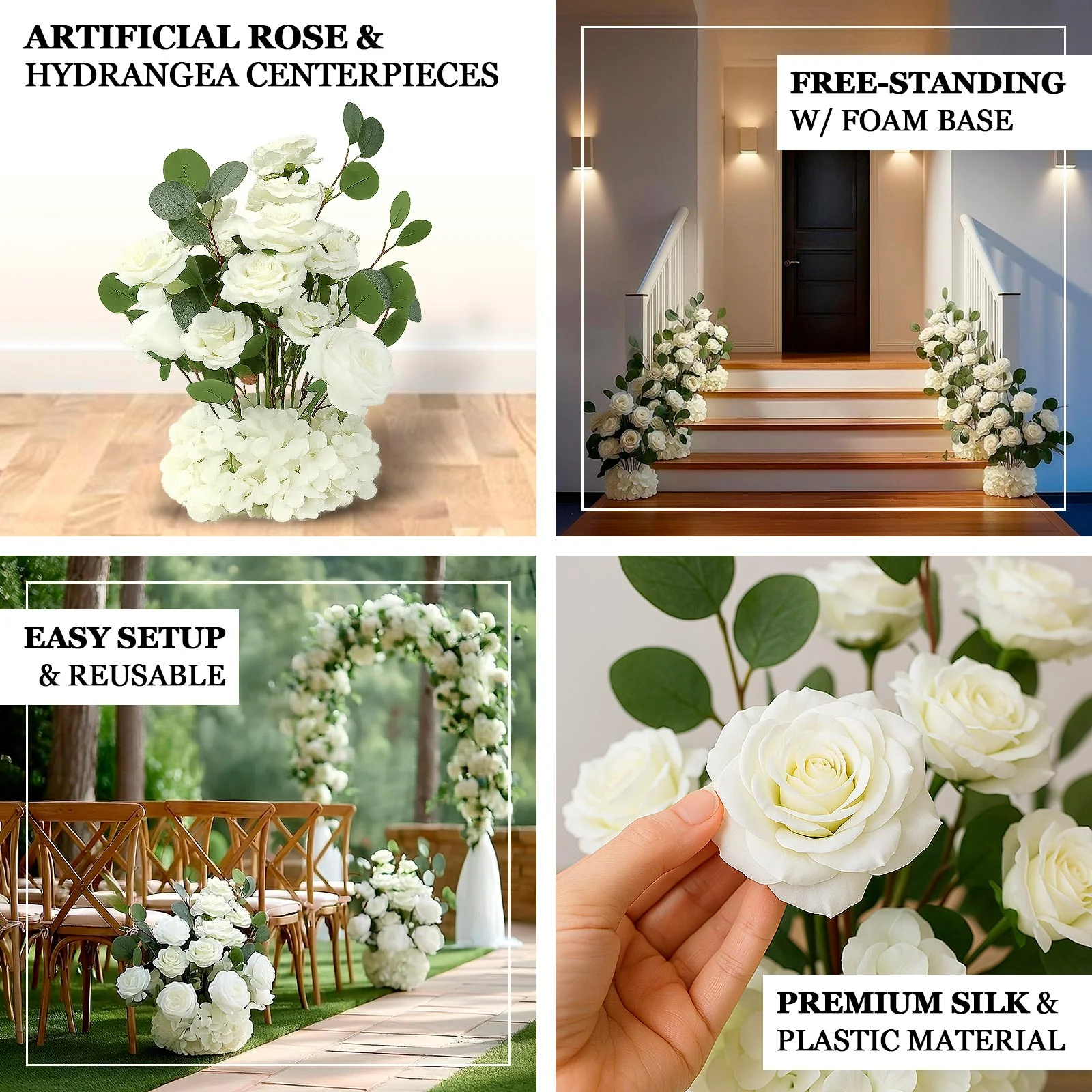 4-Pack White Artificial Flower Arrangements – 20" Roses, Hydrangeas & Eucalyptus, Free-Standing with Foam Base for Wedding Aisle Décor - Image 3