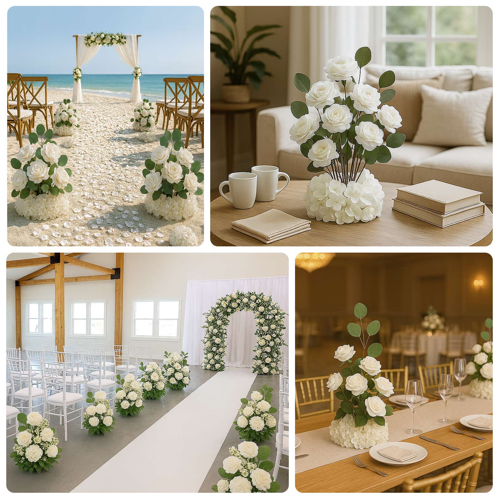 4-Pack White Artificial Flower Arrangements – 20" Roses, Hydrangeas & Eucalyptus, Free-Standing with Foam Base for Wedding Aisle Décor - Image 4