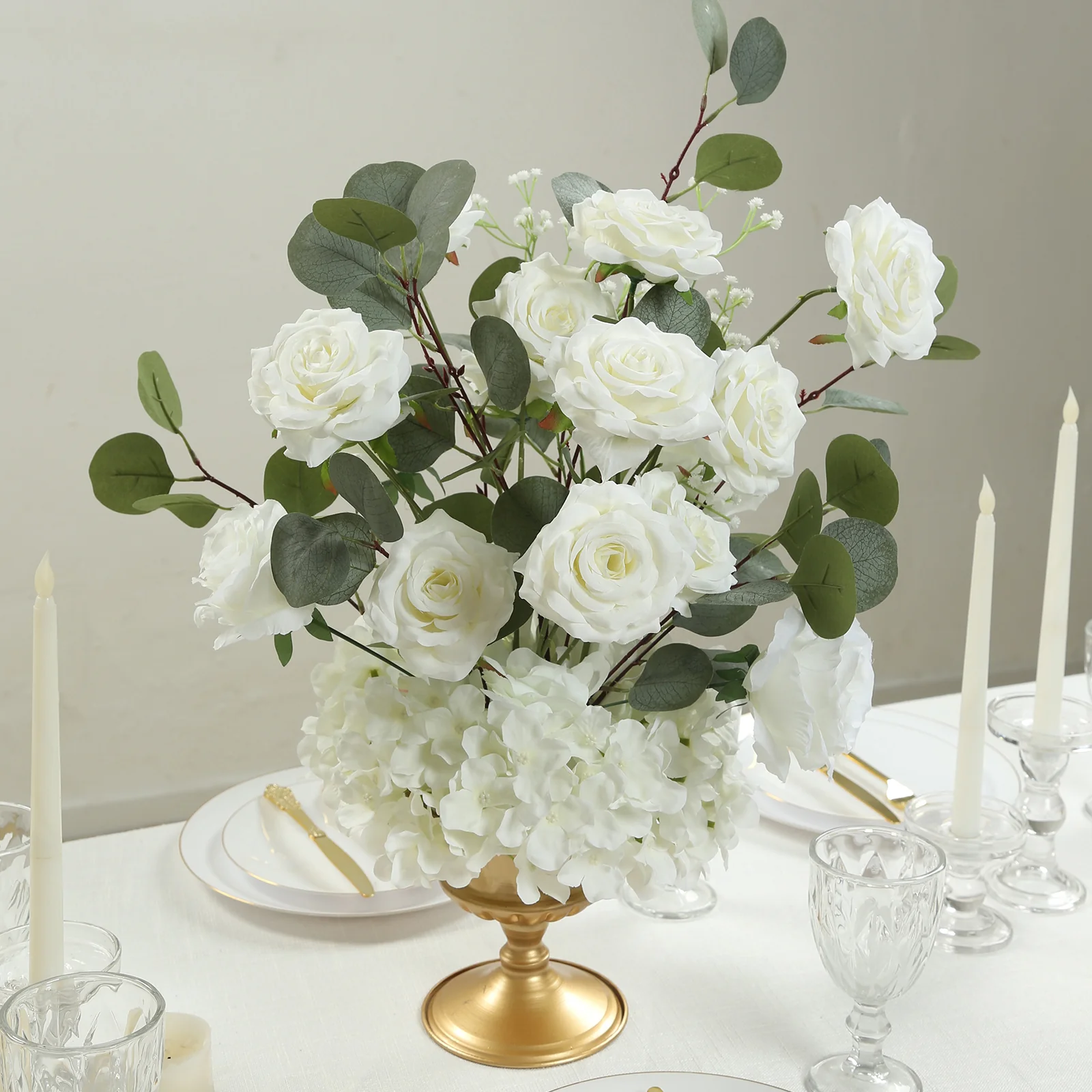 4-Pack White Artificial Flower Arrangements – 20" Roses, Hydrangeas & Eucalyptus, Free-Standing with Foam Base for Wedding Aisle Décor - Image 6