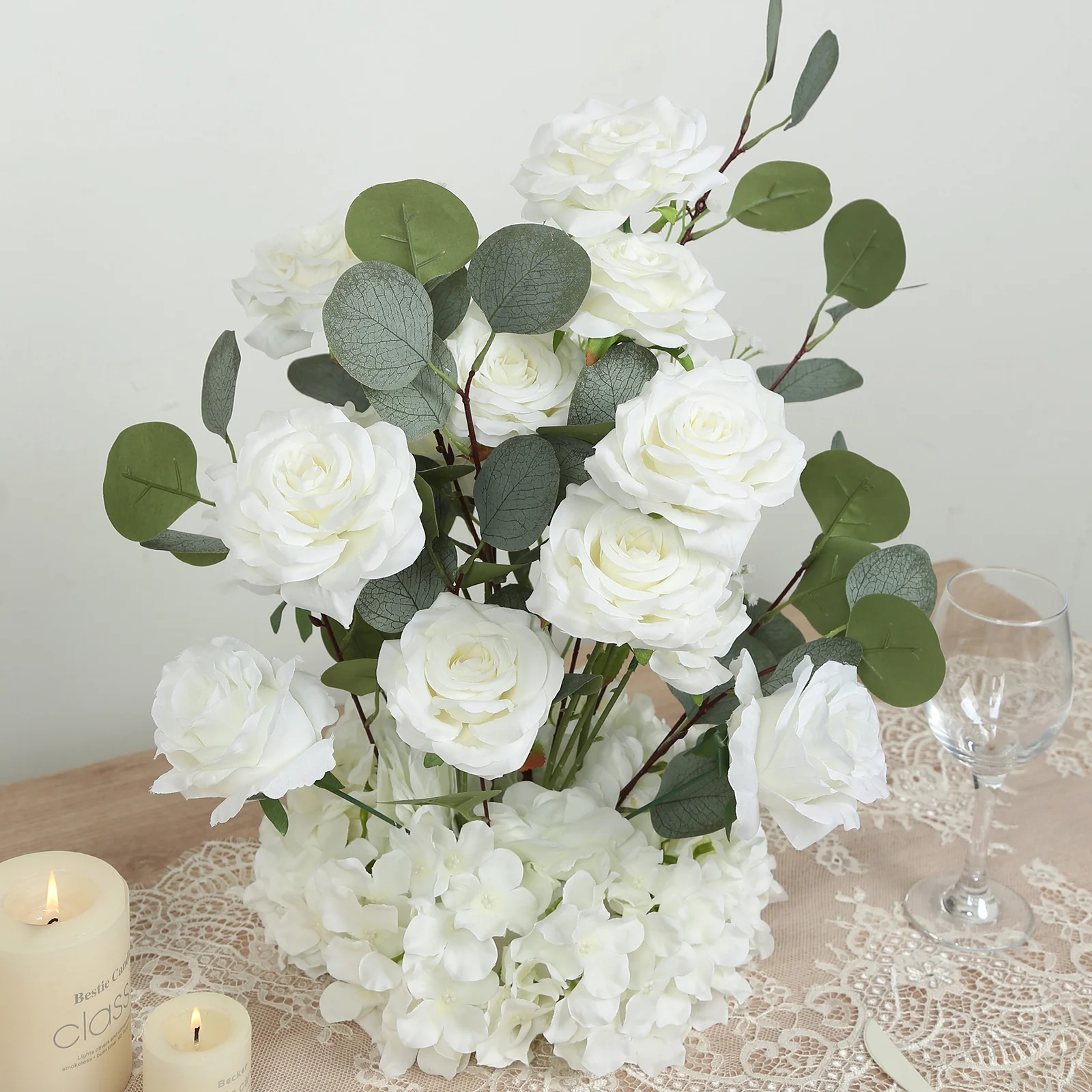 4-Pack White Artificial Flower Arrangements – 20" Roses, Hydrangeas & Eucalyptus, Free-Standing with Foam Base for Wedding Aisle Décor - Image 8