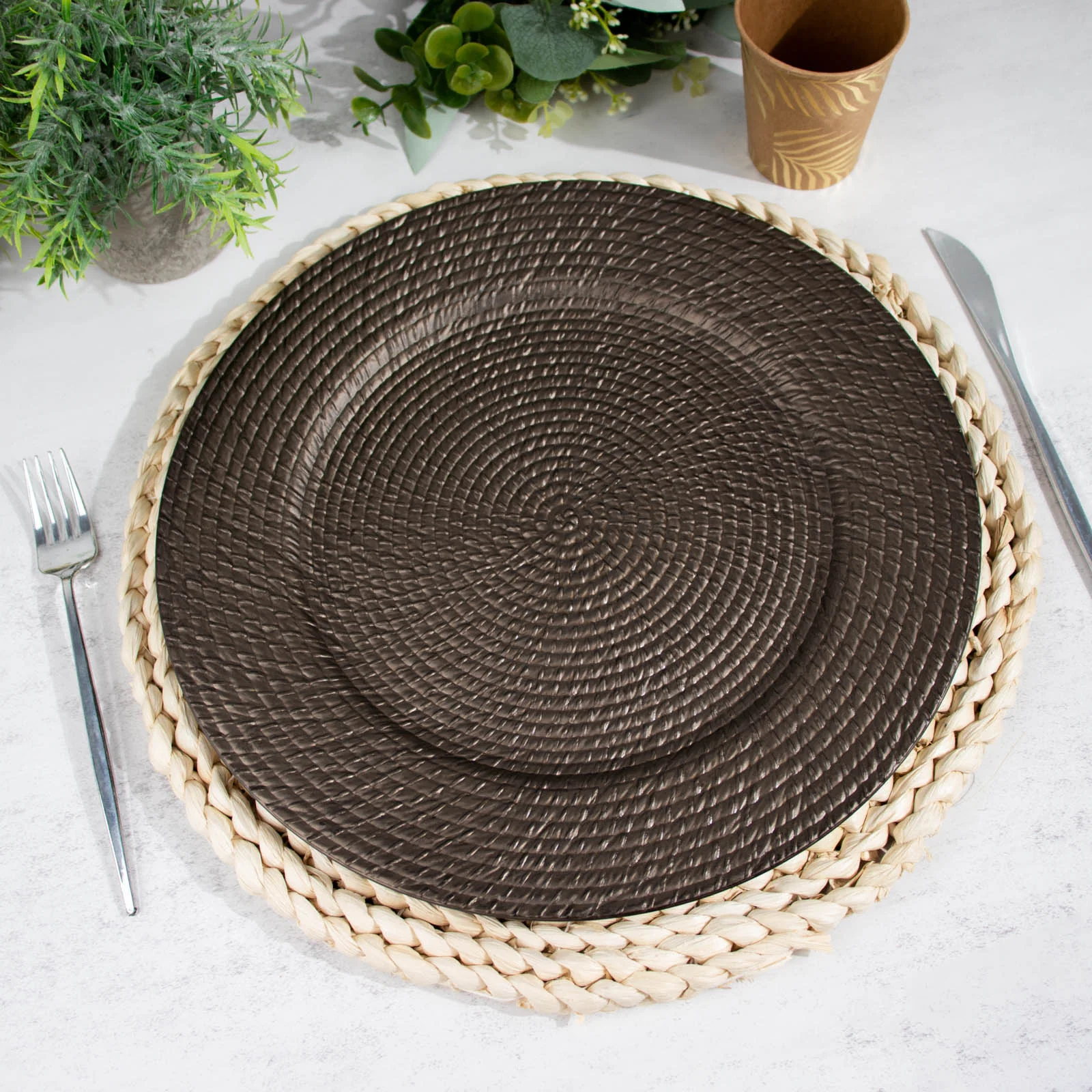 12-Pack Acrylic Round Charger Plates 13" in Natural Brown with Rattan-Like Design, Farmhouse Disposable Plastic Charger Tableware - Image 10