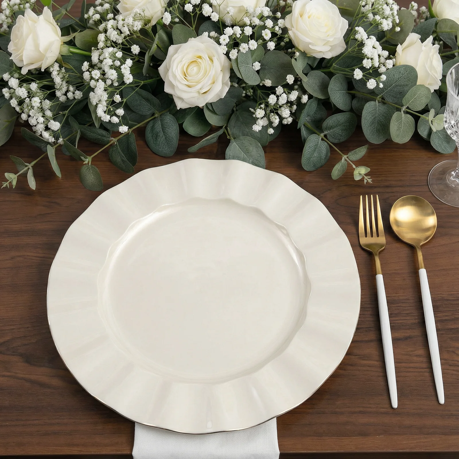 10-Pack Plastic 11" Round Dinner Plates in Pearl White Ruffled Rim with Gold Edging - Sturdy Disposable Dinnerware for Classy Events & Banquets - Image 7