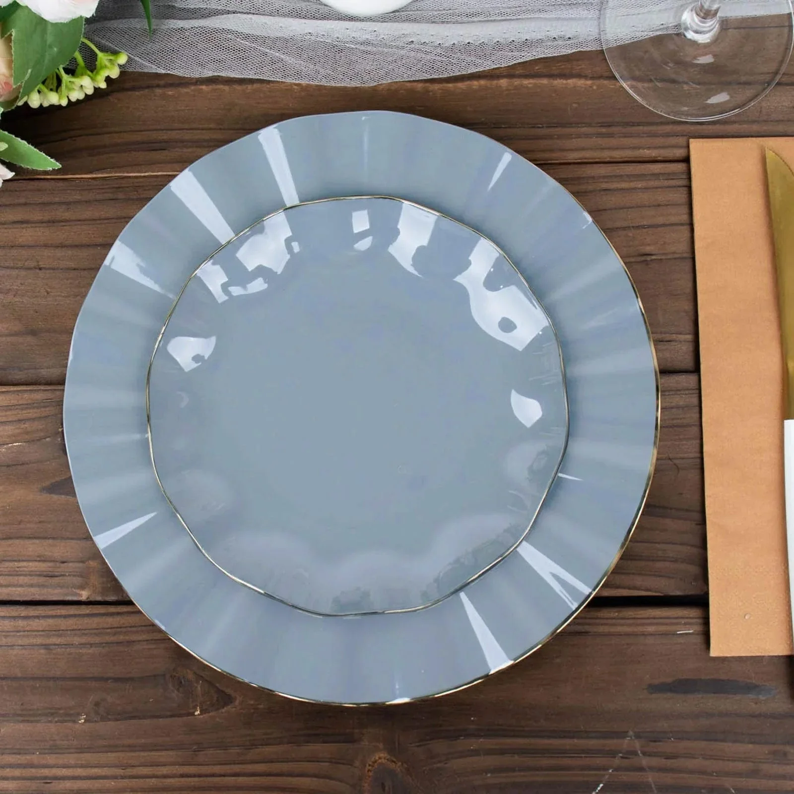 10-Pack Plastic Round 6" Dessert Plates in Dusty Blue Ruffled Rim with Gold Edging - Sturdy Disposable Salad Appetizer Dinnerware - Image 6