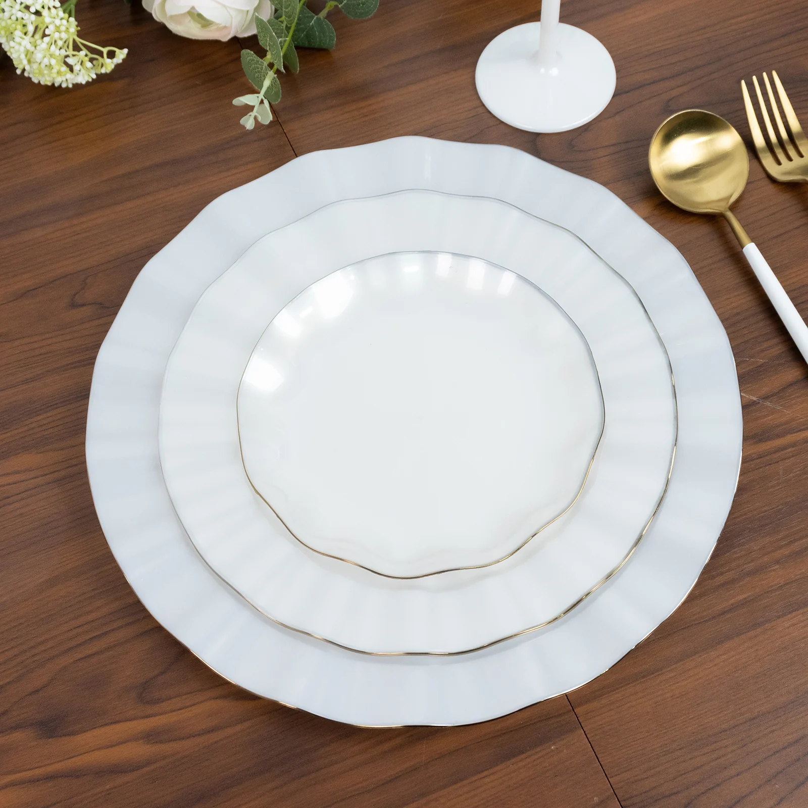 10-Pack Plastic Round 6" Dessert Plates in Pearl White Ruffled Rim with Gold Edging - Sturdy Disposable Salad Appetizer Dinnerware - Image 6