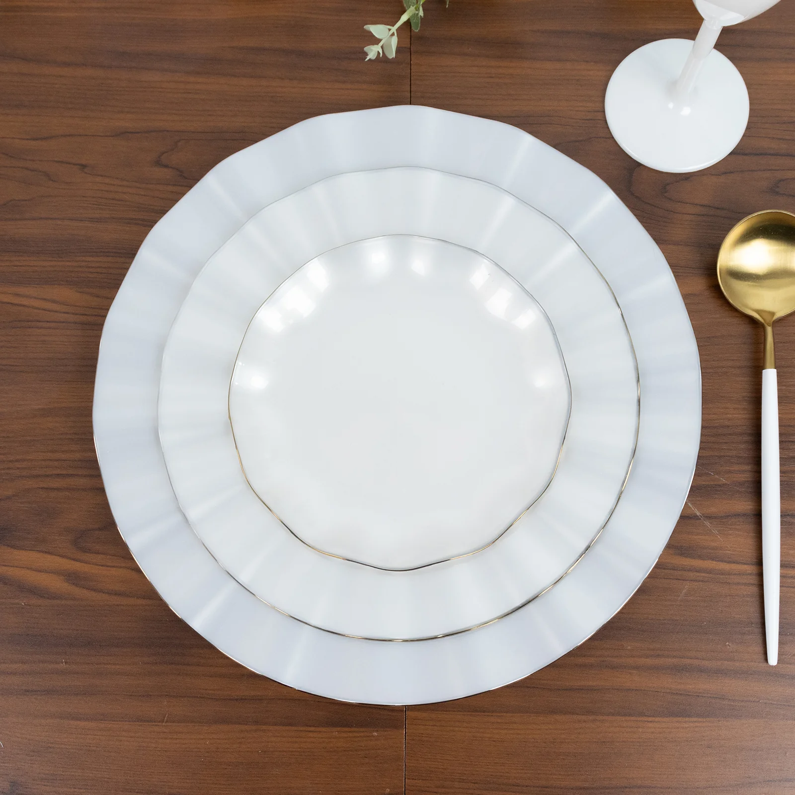 10-Pack Plastic Round 6" Dessert Plates in Pearl White Ruffled Rim with Gold Edging - Sturdy Disposable Salad Appetizer Dinnerware - Image 8