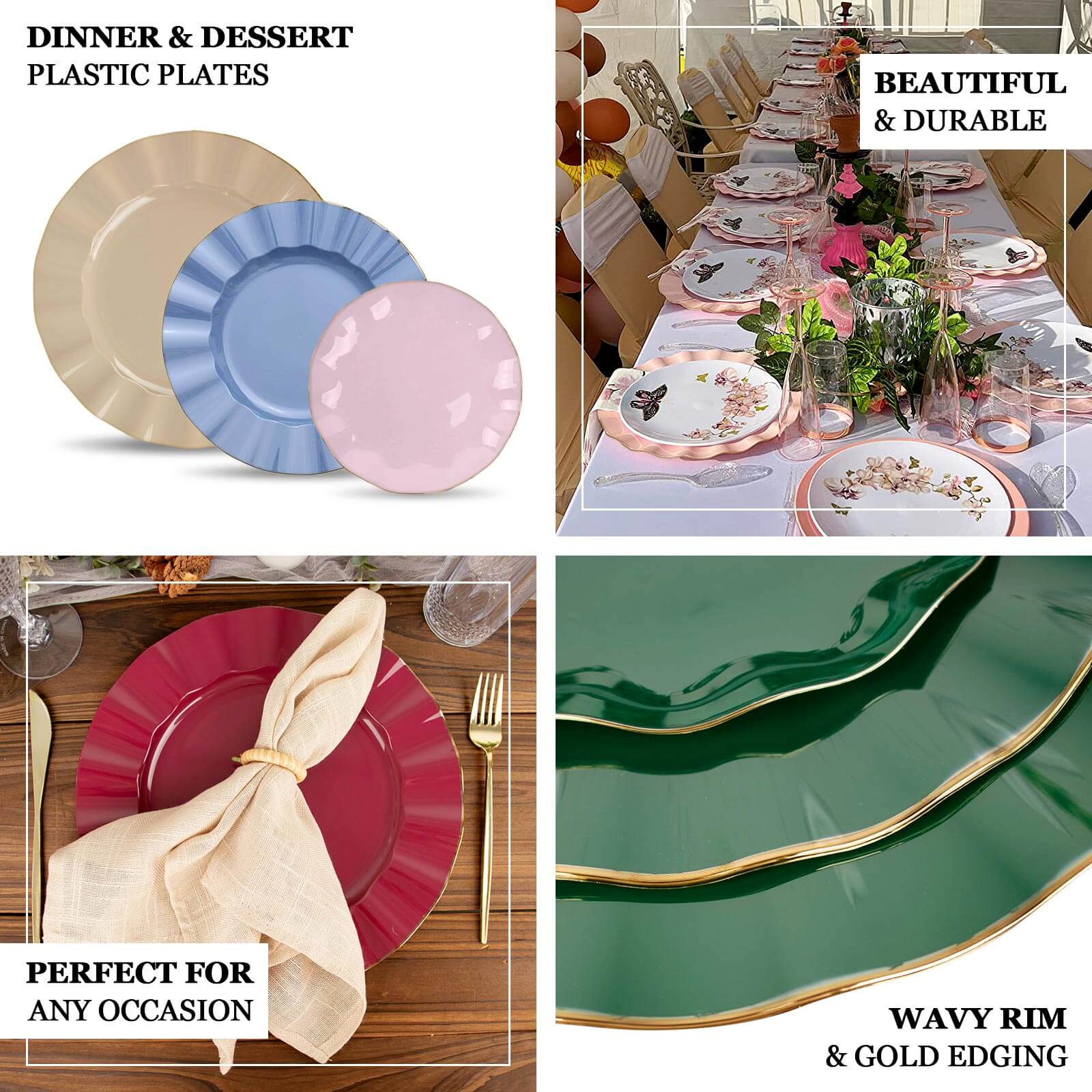 10-Pack Plastic 9" Round Dinner Plates in Dusty Blue Ruffled Rim with Gold Edging - Sturdy Disposable Dinnerware - Image 4