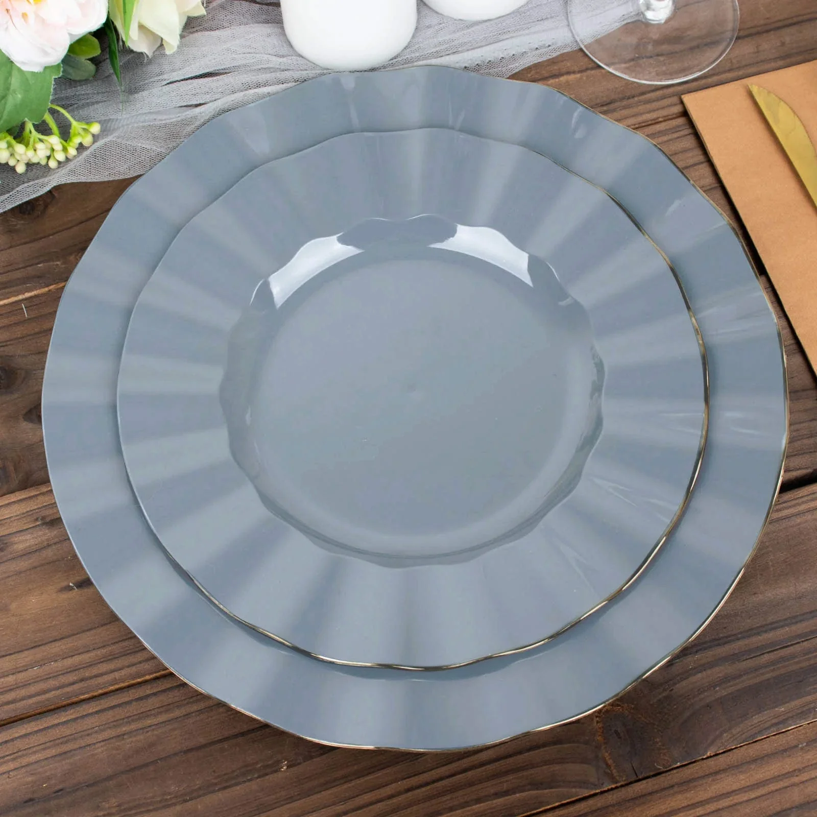 10-Pack Plastic 9" Round Dinner Plates in Dusty Blue Ruffled Rim with Gold Edging - Sturdy Disposable Dinnerware - Image 6