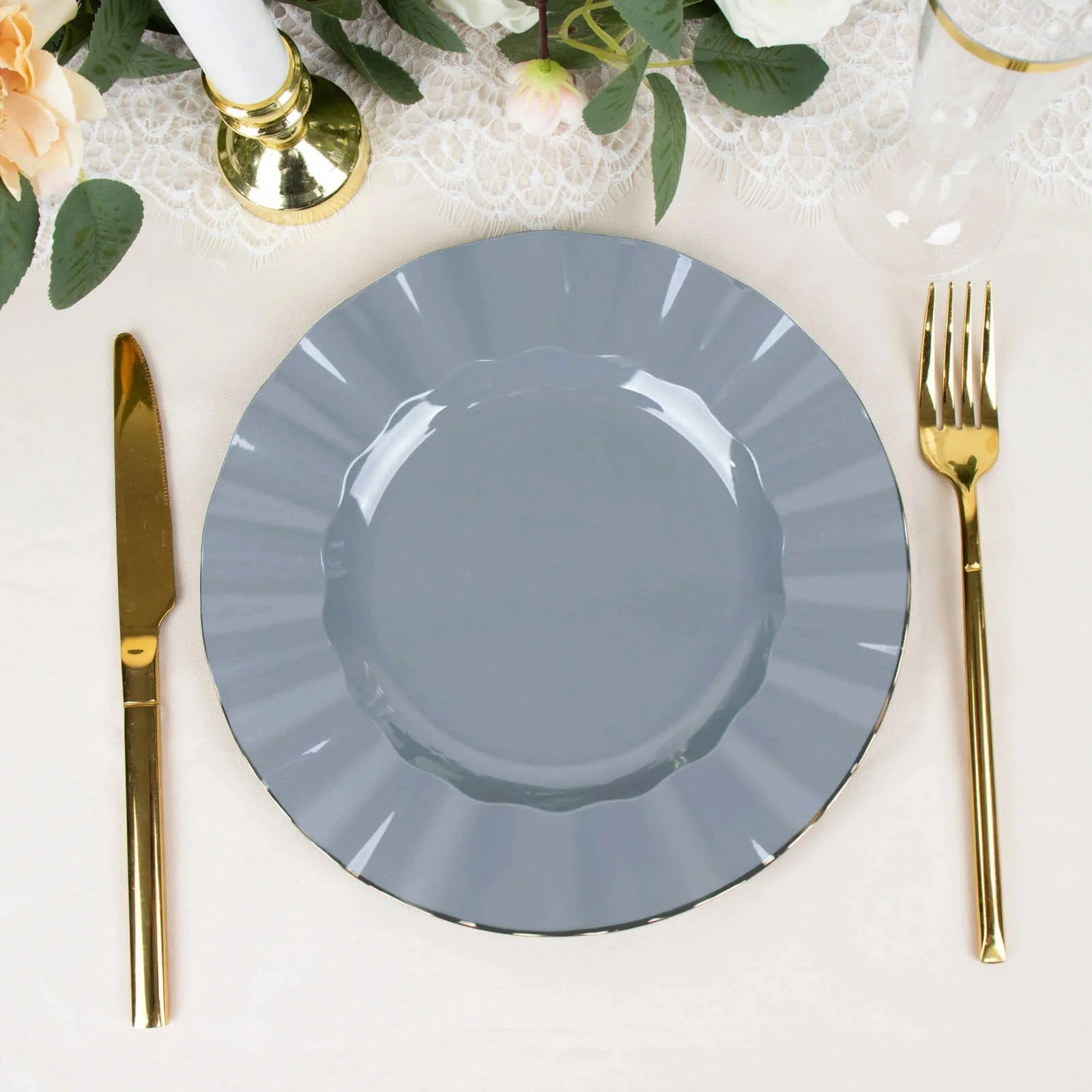 10-Pack Plastic 9" Round Dinner Plates in Dusty Blue Ruffled Rim with Gold Edging - Sturdy Disposable Dinnerware - Image 8