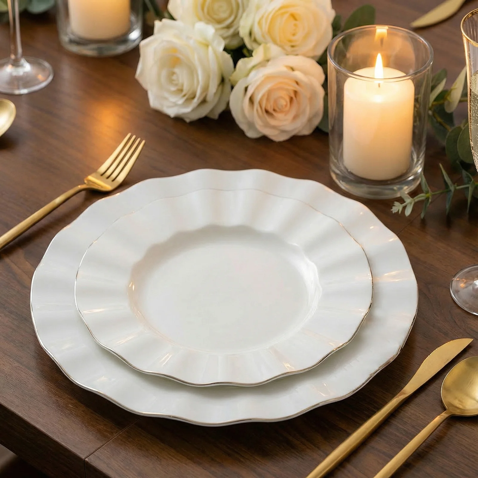 10-Pack Plastic 9" Round Dinner Plates in Pearl White Ruffled Rim with Gold Edging - Sturdy Disposable Dinnerware for Classy Events & Banquets - Image 6