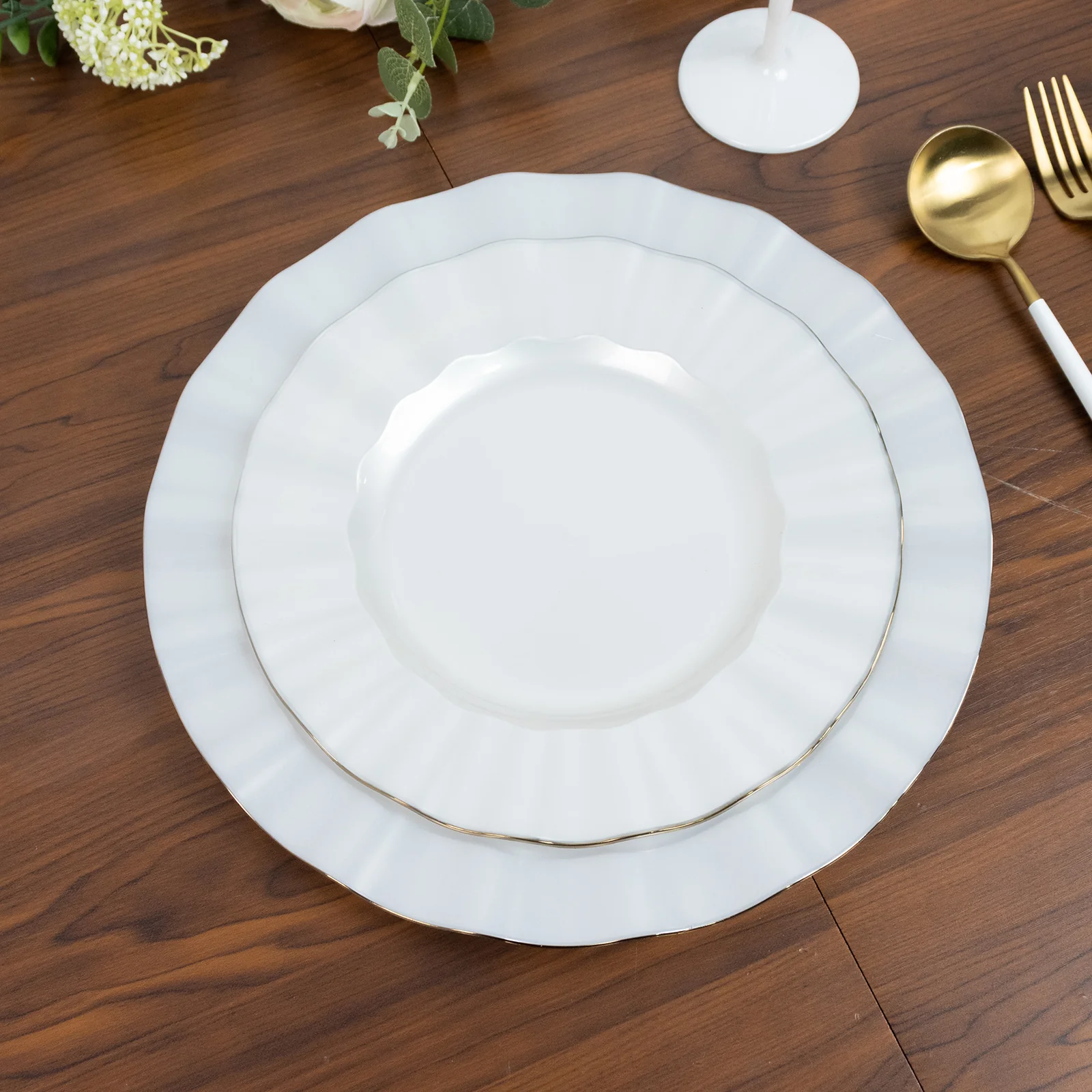 10-Pack Plastic 9" Round Dinner Plates in Pearl White Ruffled Rim with Gold Edging - Sturdy Disposable Dinnerware for Classy Events & Banquets - Image 7