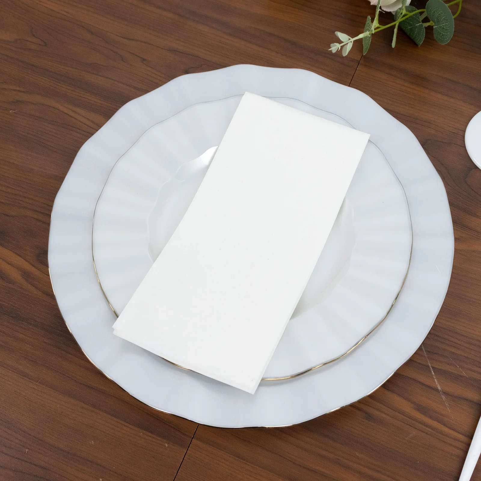 10-Pack Plastic 9" Round Dinner Plates in Pearl White Ruffled Rim with Gold Edging - Sturdy Disposable Dinnerware for Classy Events & Banquets - Image 9