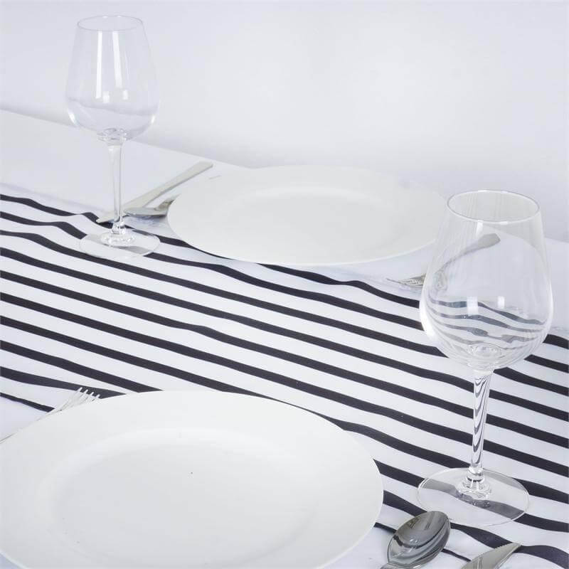 Satin 12"x108" Table Runner Black/White Asymmetric Stripe - Modern Chic Table Decor - Image 2