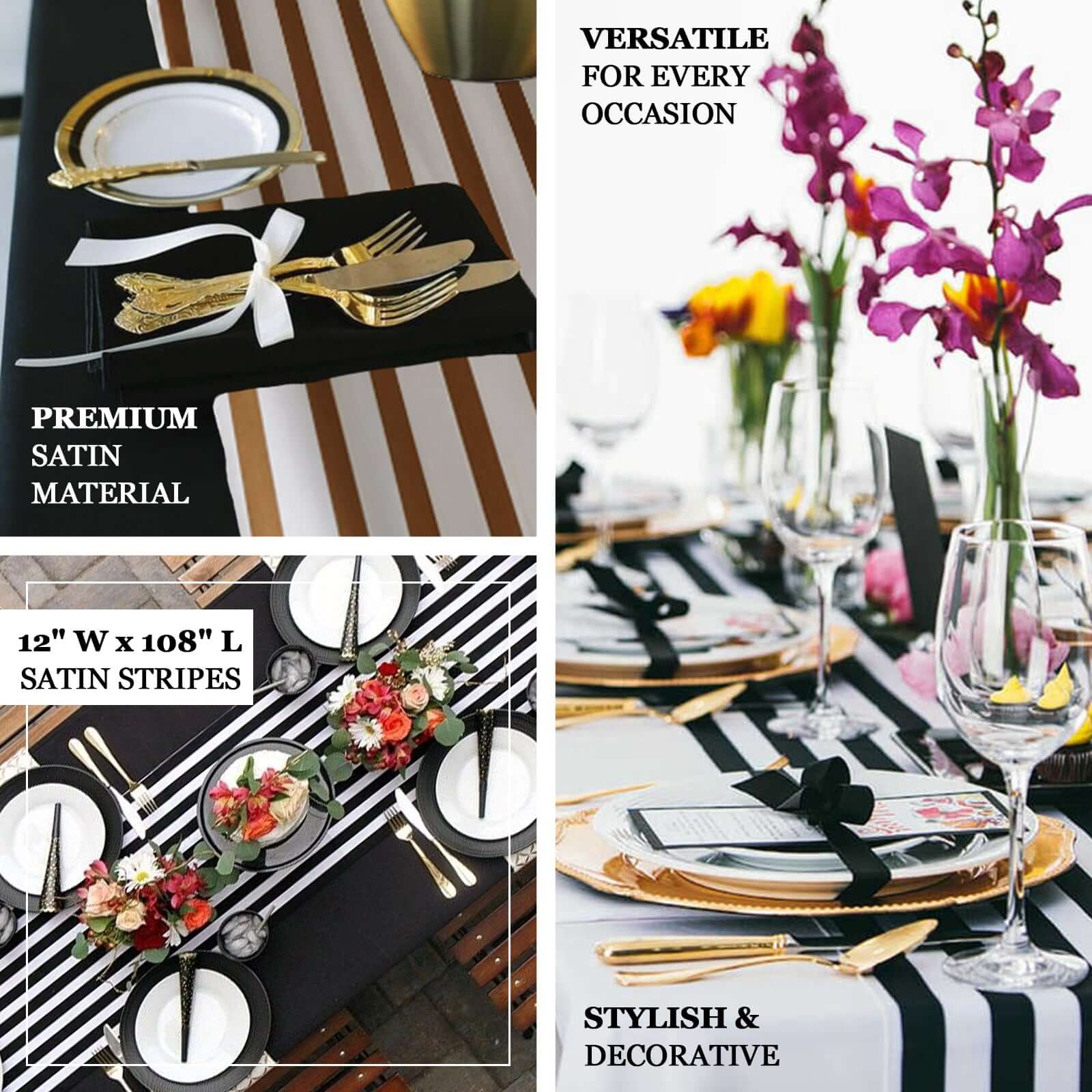 Satin 12"x108" Table Runner Black/White Asymmetric Stripe - Modern Chic Table Decor - Image 4